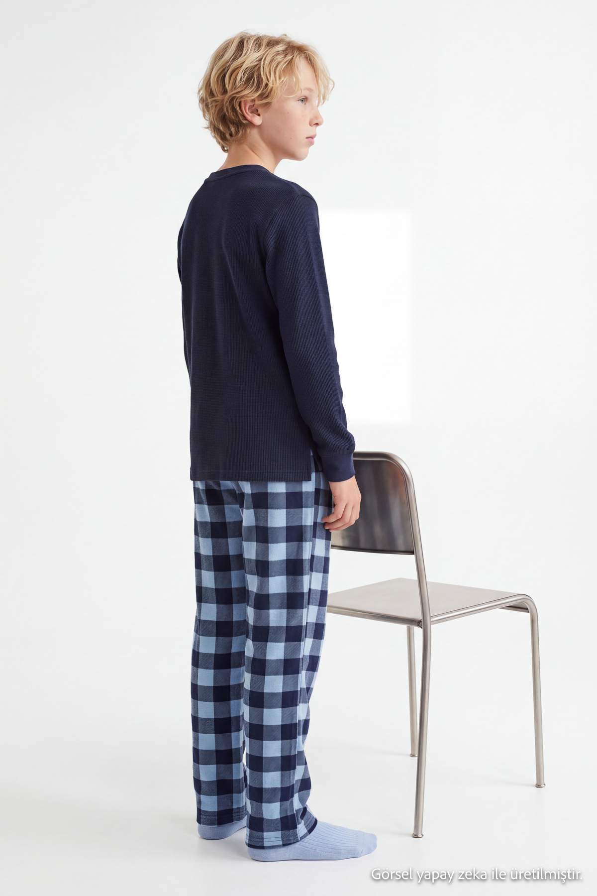 Boys' Navy Top & Checked Trousers Pyjama Set