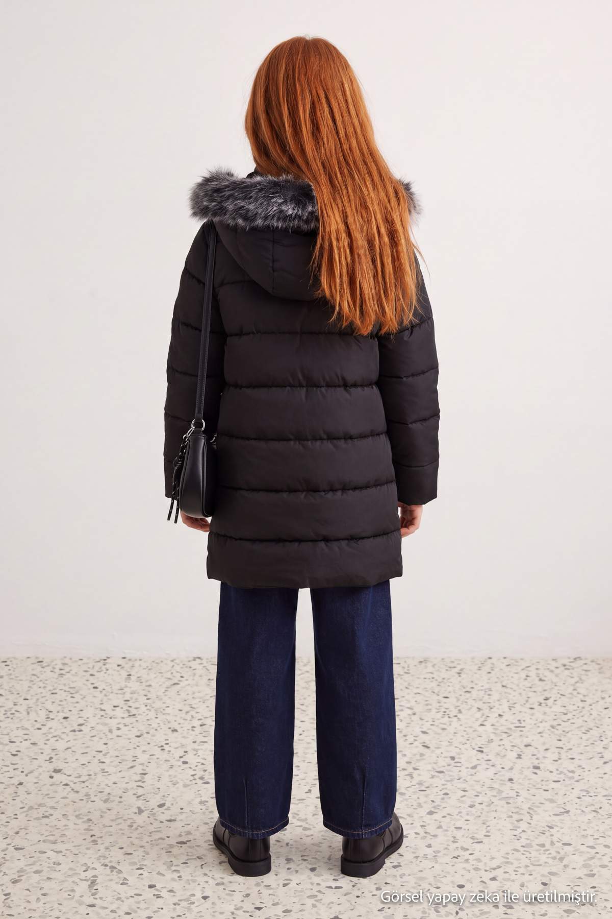 Girls' Black Long Fleece-Lined Hooded Coat