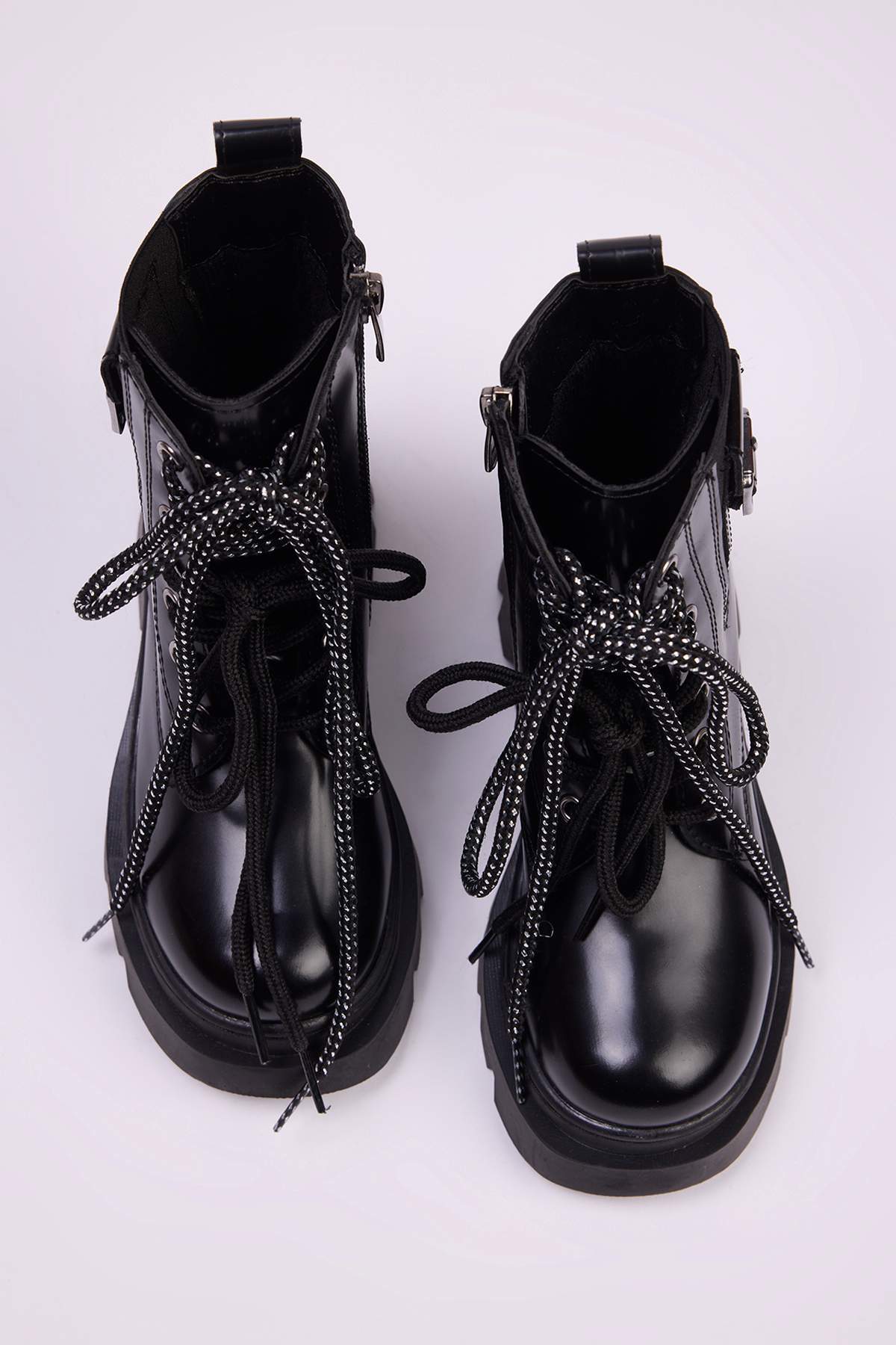 Girls' Black Two-Tone Lace-Up Combat Boots with Zip