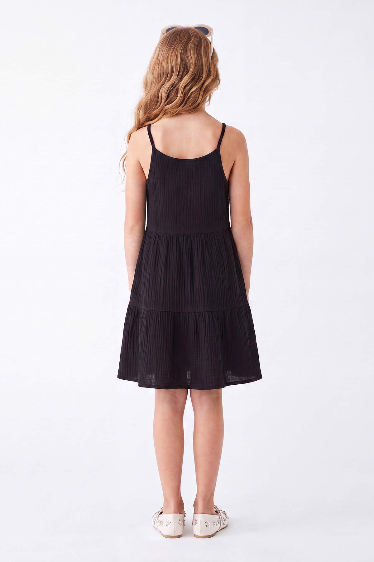 Girls' Black Embroidered Cotton Strappy Mini Dress
