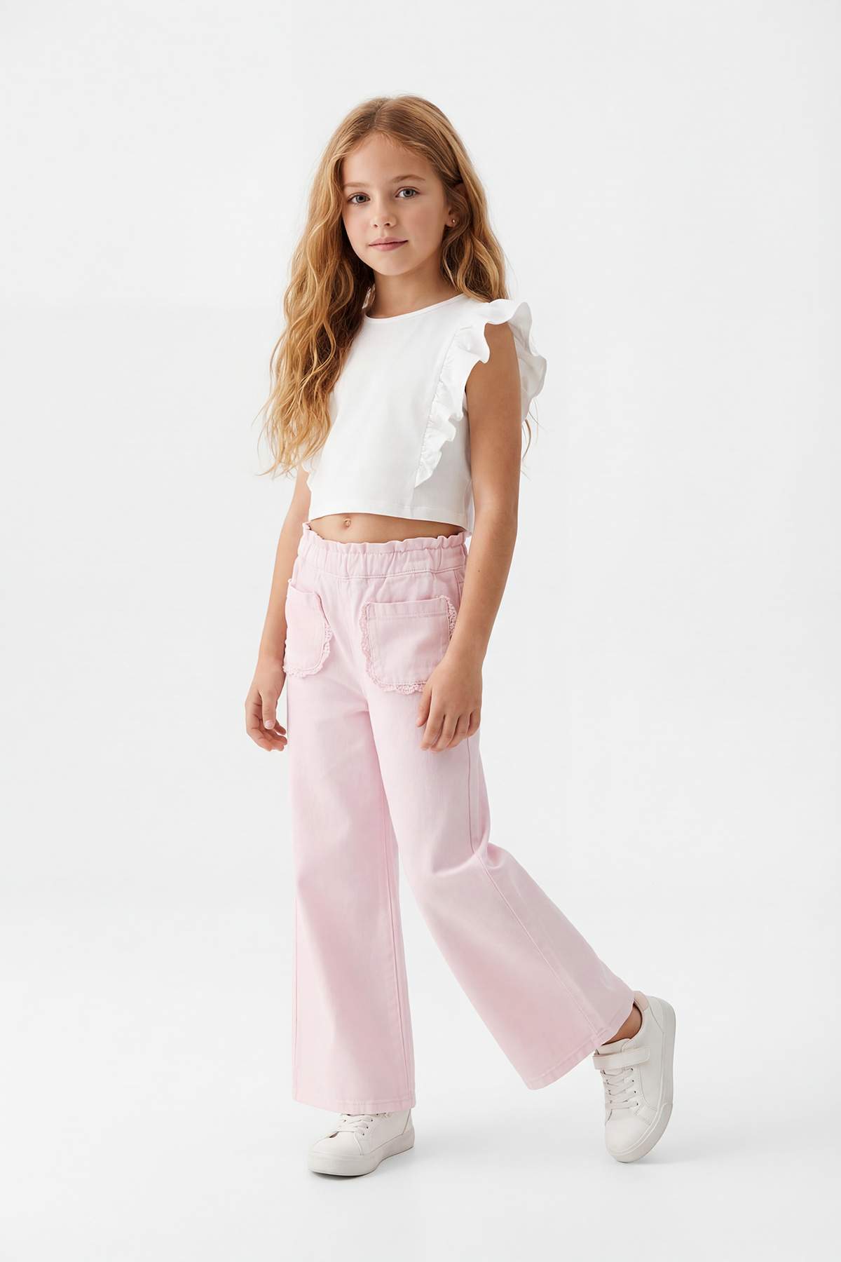 Girls' Pink Elastic-Waist Denim Trousers
