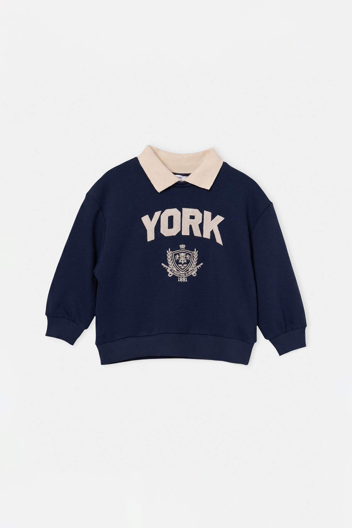 Kids' Navy Embroidered Polo-Collar Fleece-Lined Sweatshirt
