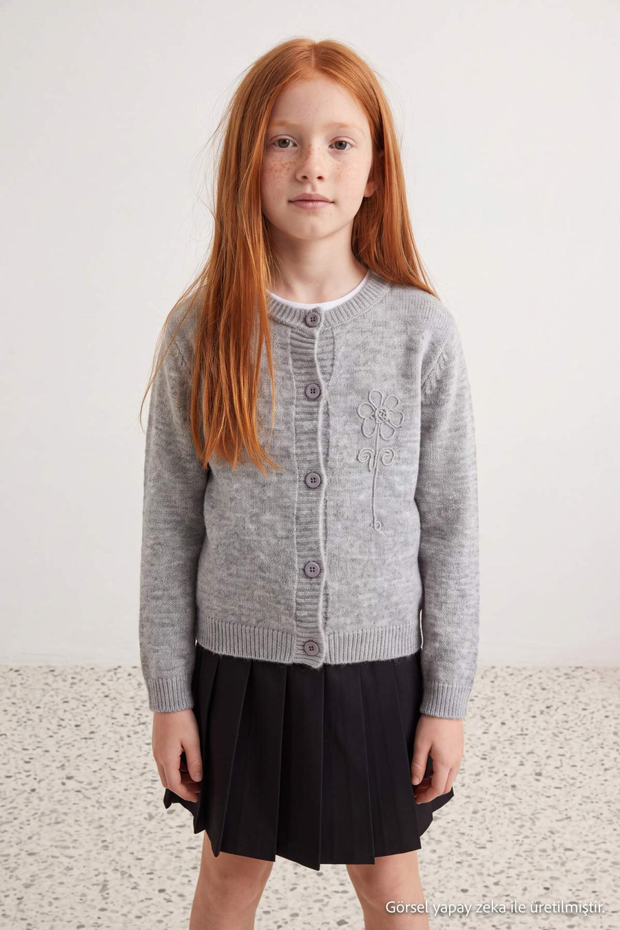 Girls' Grey Embroidered Cardigan