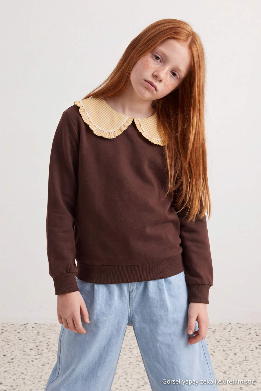Girls' Brown Peter Pan Collar Sweatshirt