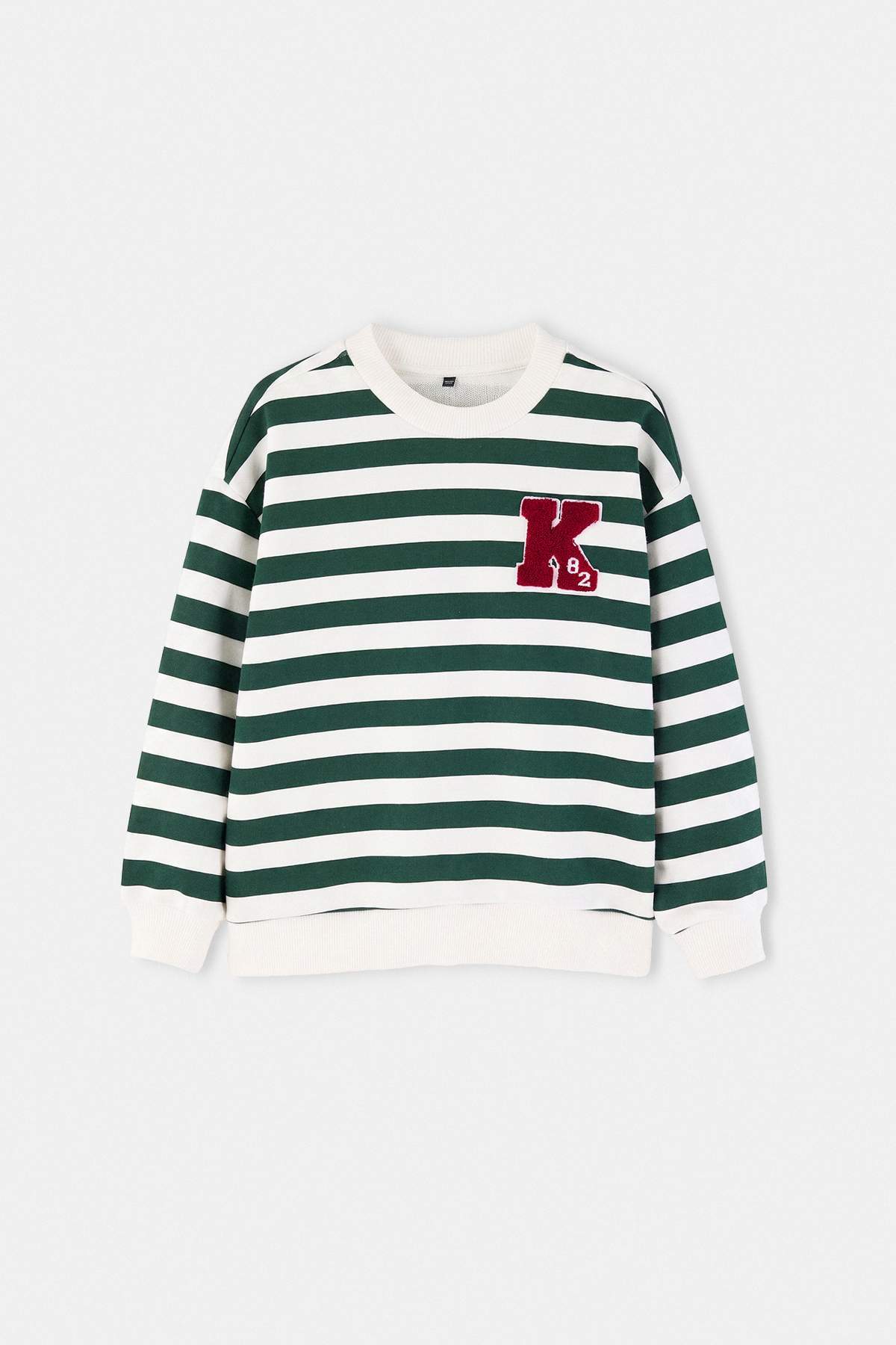 Boys' Green Striped Embroidered Thick Sweatshirt