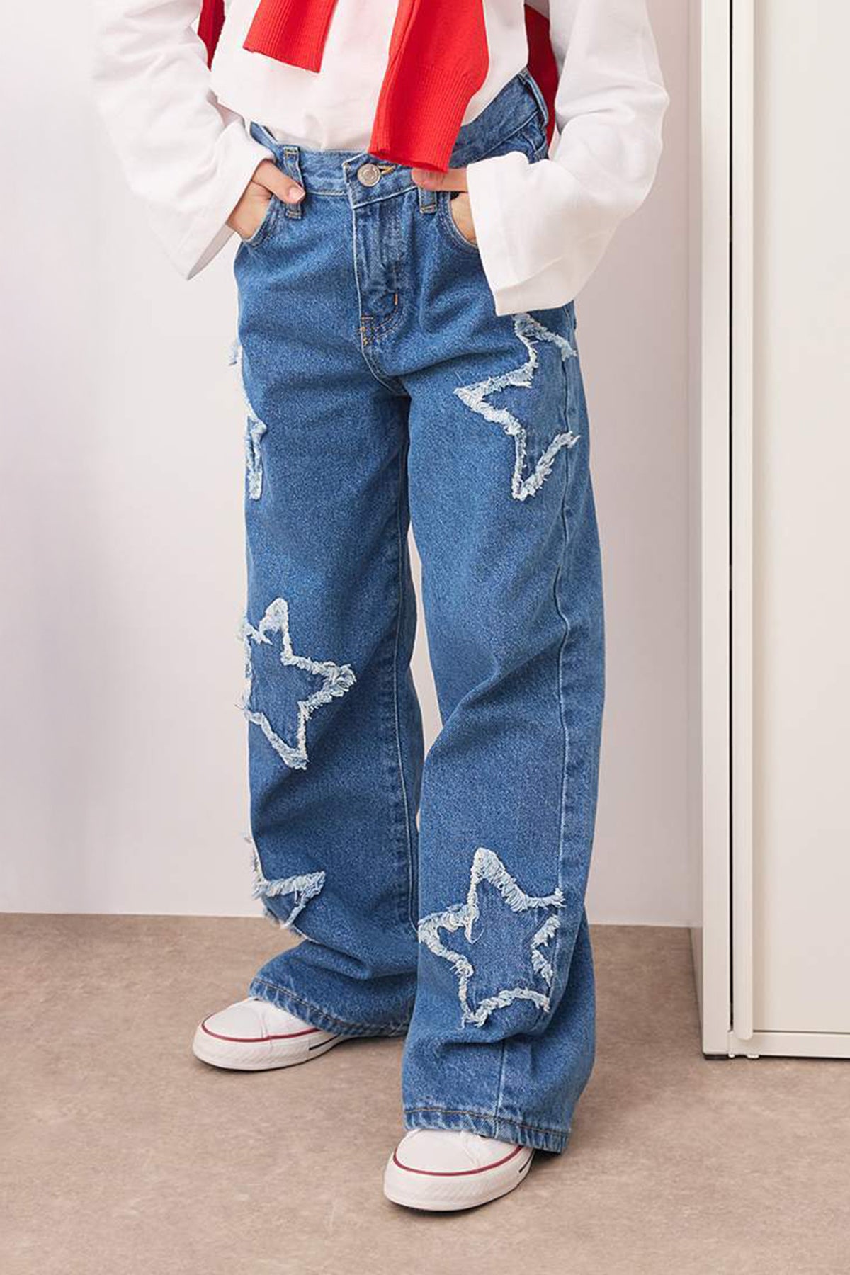 Girls' Blue Star-Print Wide-Leg Denim Trousers