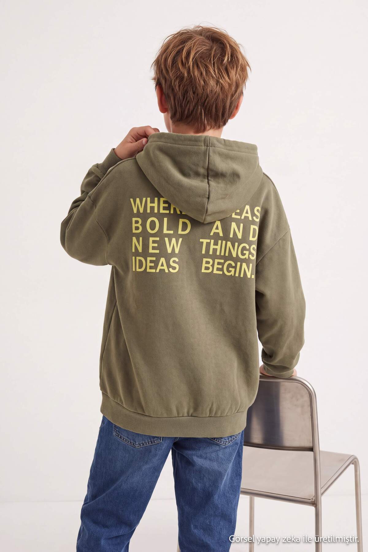 Boys' Khaki Printed Hooded Sweatshirt