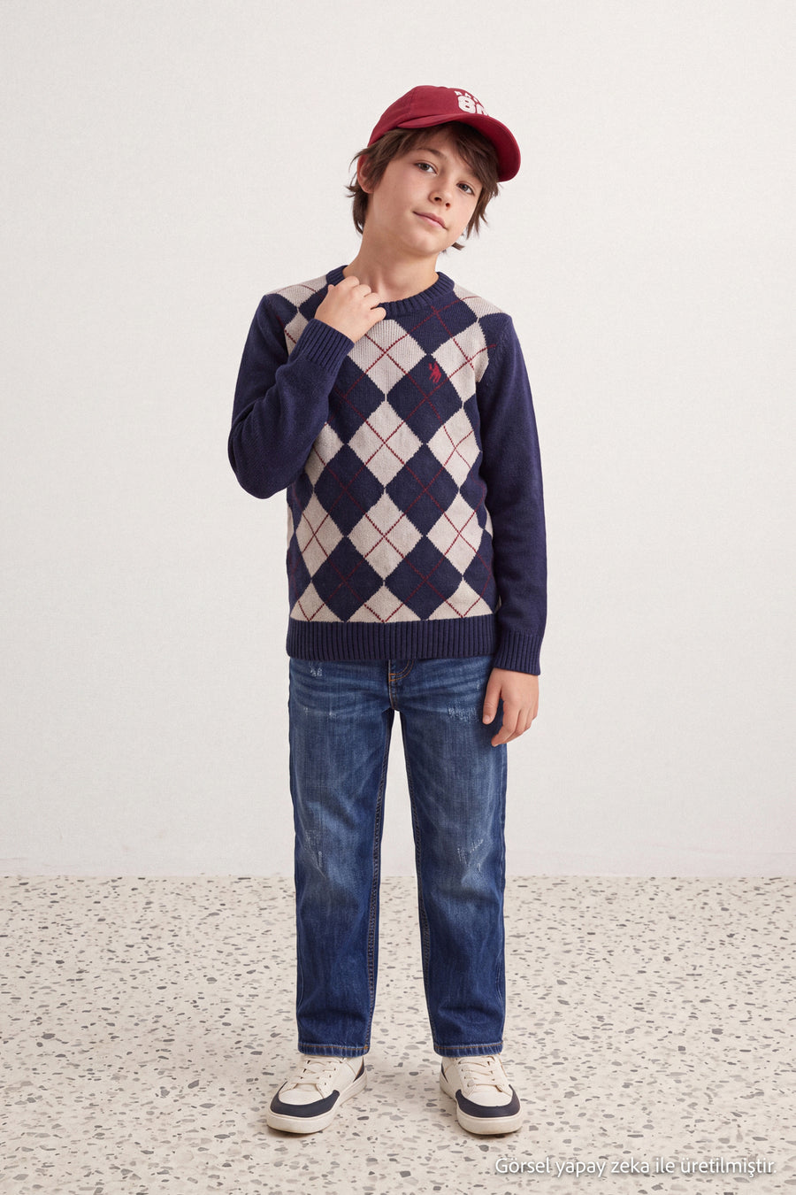 Boys' Navy Argyle Crew-Neck Knit Jumper