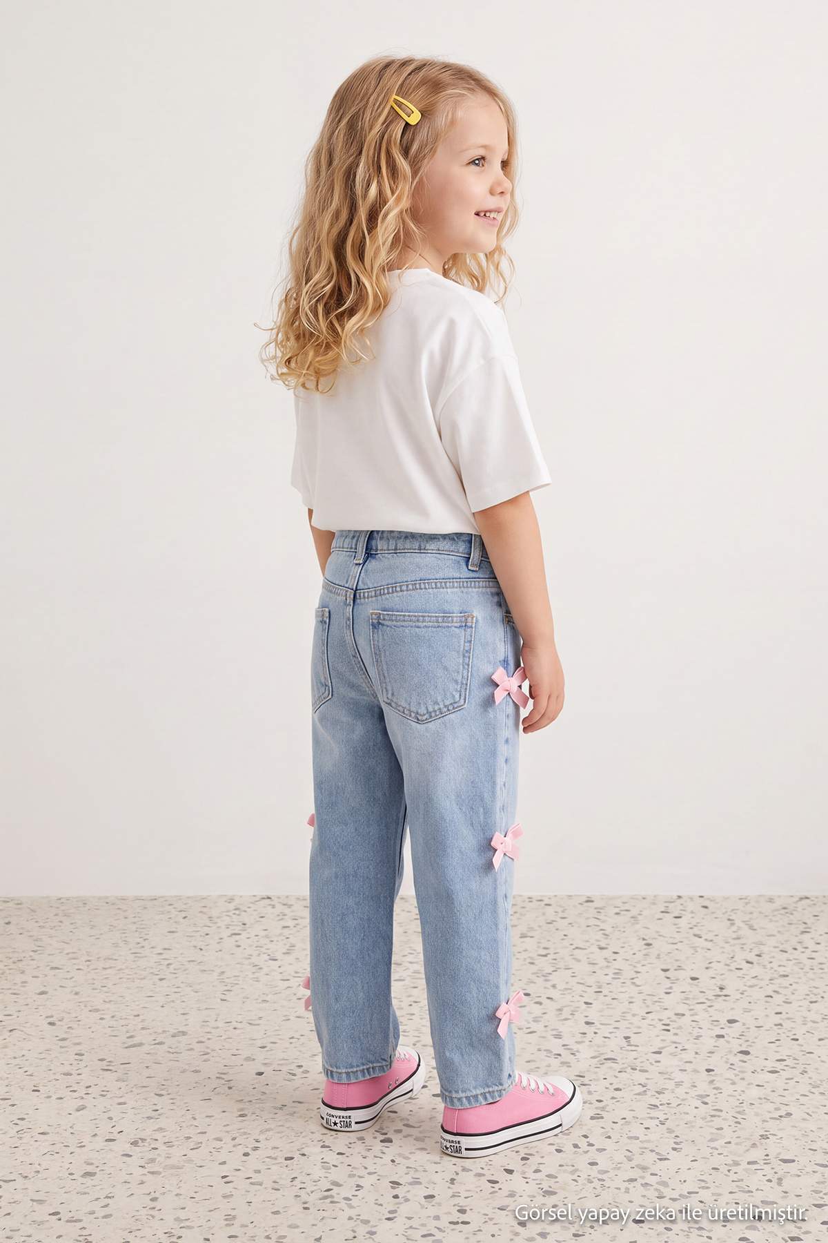 Girls' Mid-Blue Cotton Bow Wide-Leg Jeans