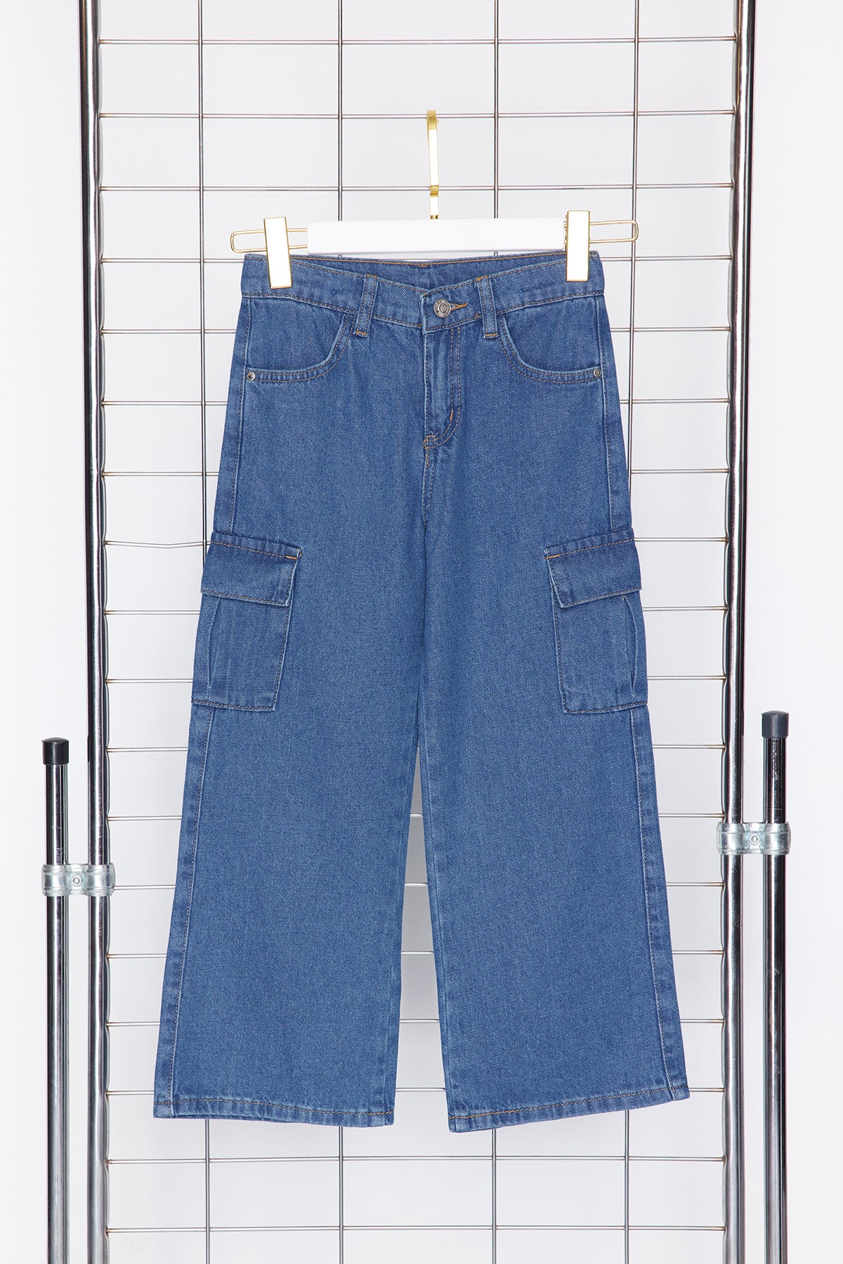 Girls' Dark Blue Wide-Leg Cargo Jeans