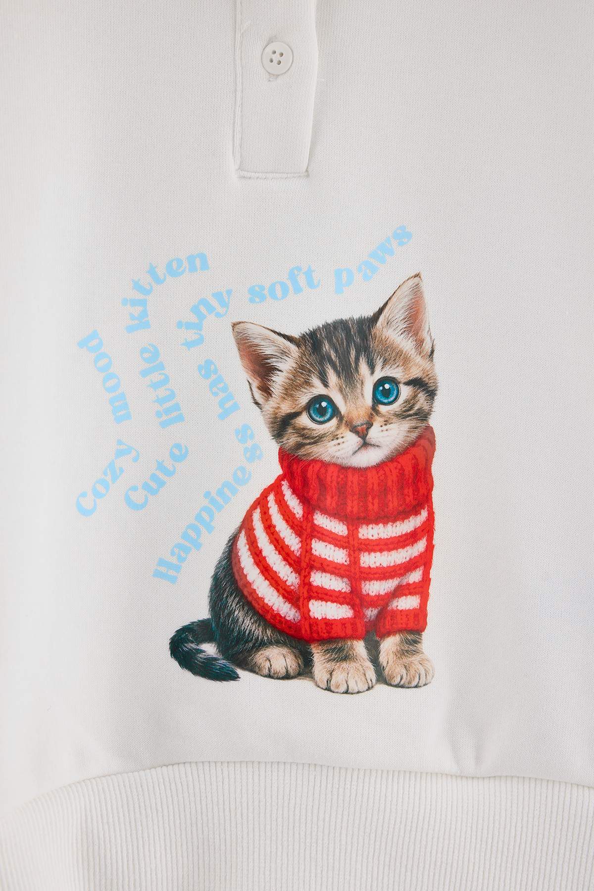 Girls' Ecru Cat-Print Polo-Collar Sweatshirt