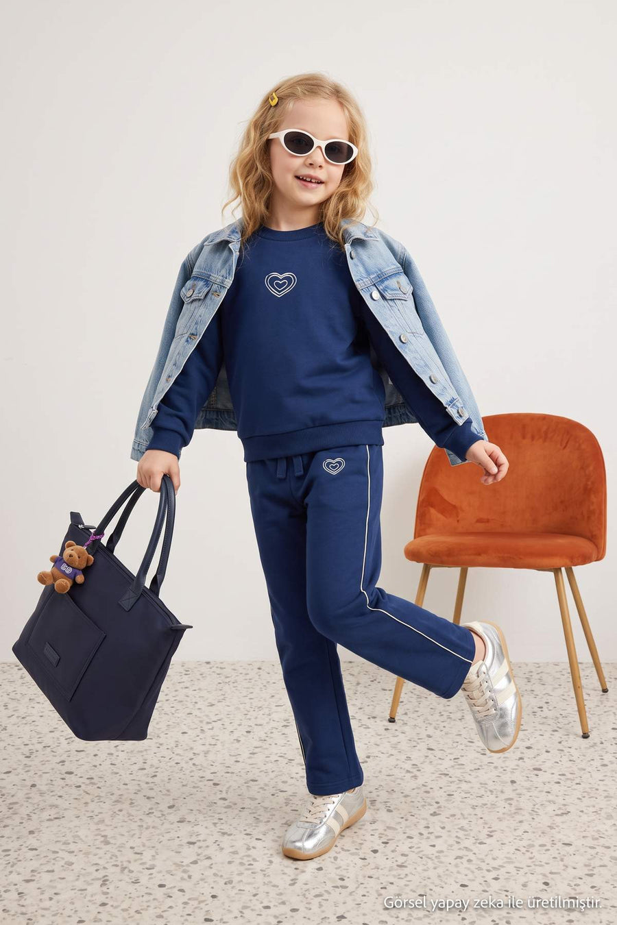 Girls' Navy Patterned Sweatshirt & Trousers Set