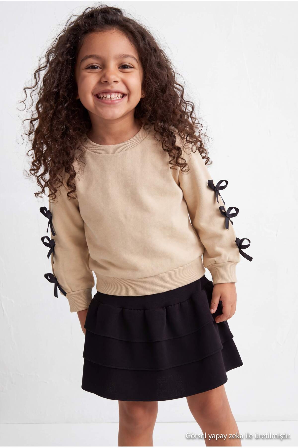 Girls' Bow-Sleeve Sweatshirt & Tiered Skirt Set