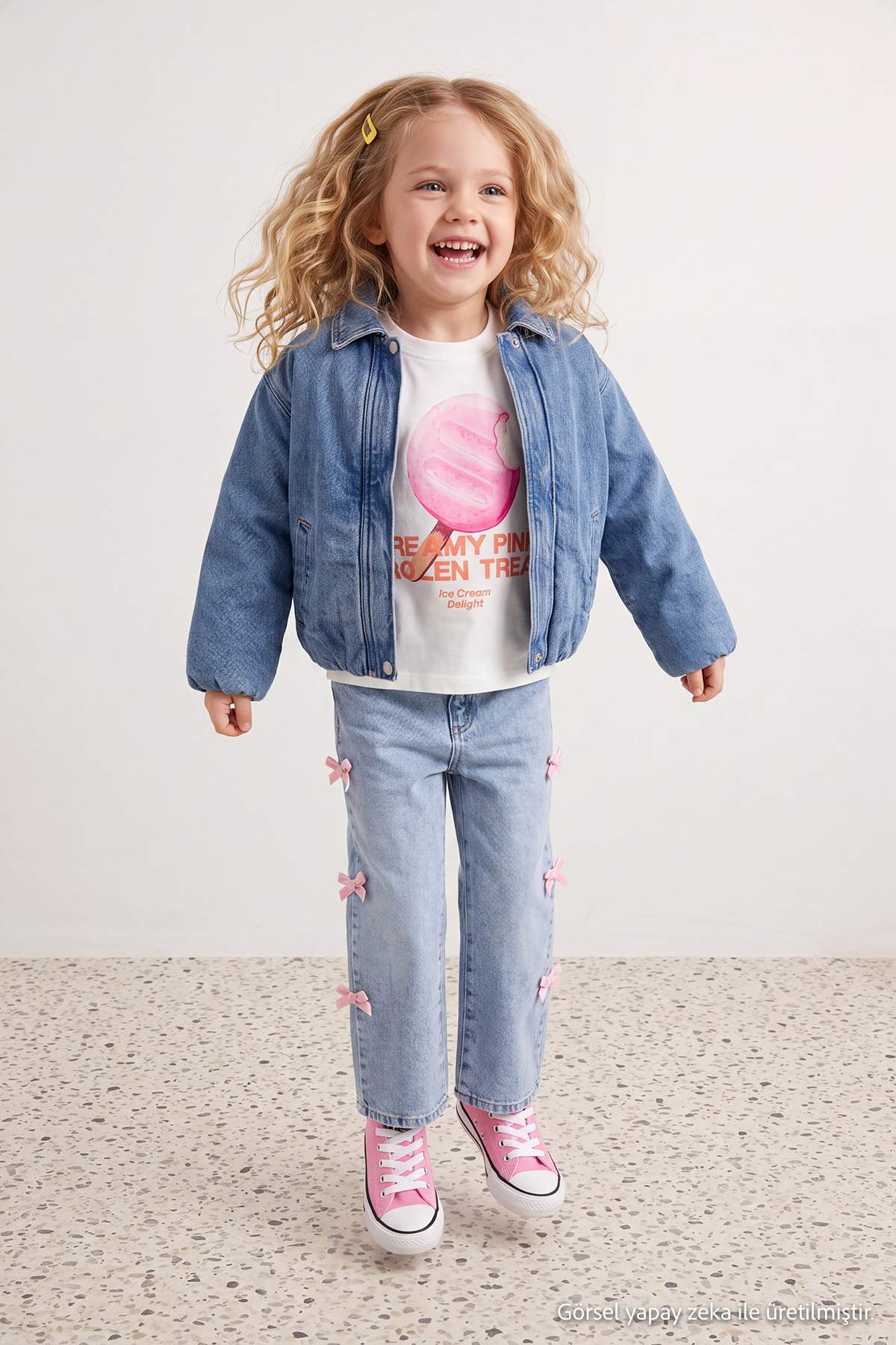 Girls' Mid-Blue Cotton Bow Wide-Leg Jeans