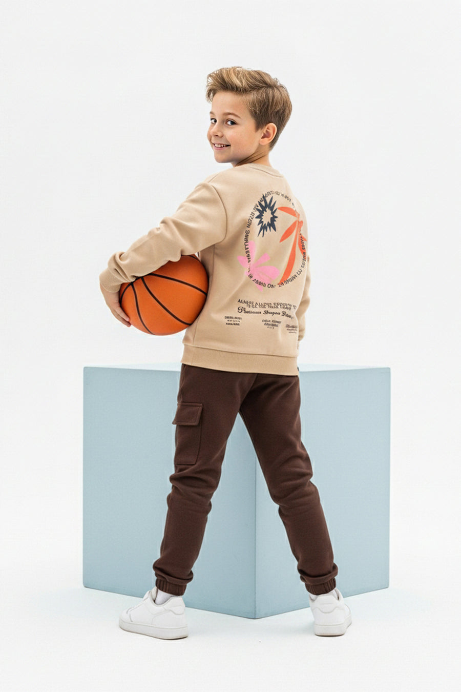 Boys' Beige Printed Sweatshirt & Jogger Set