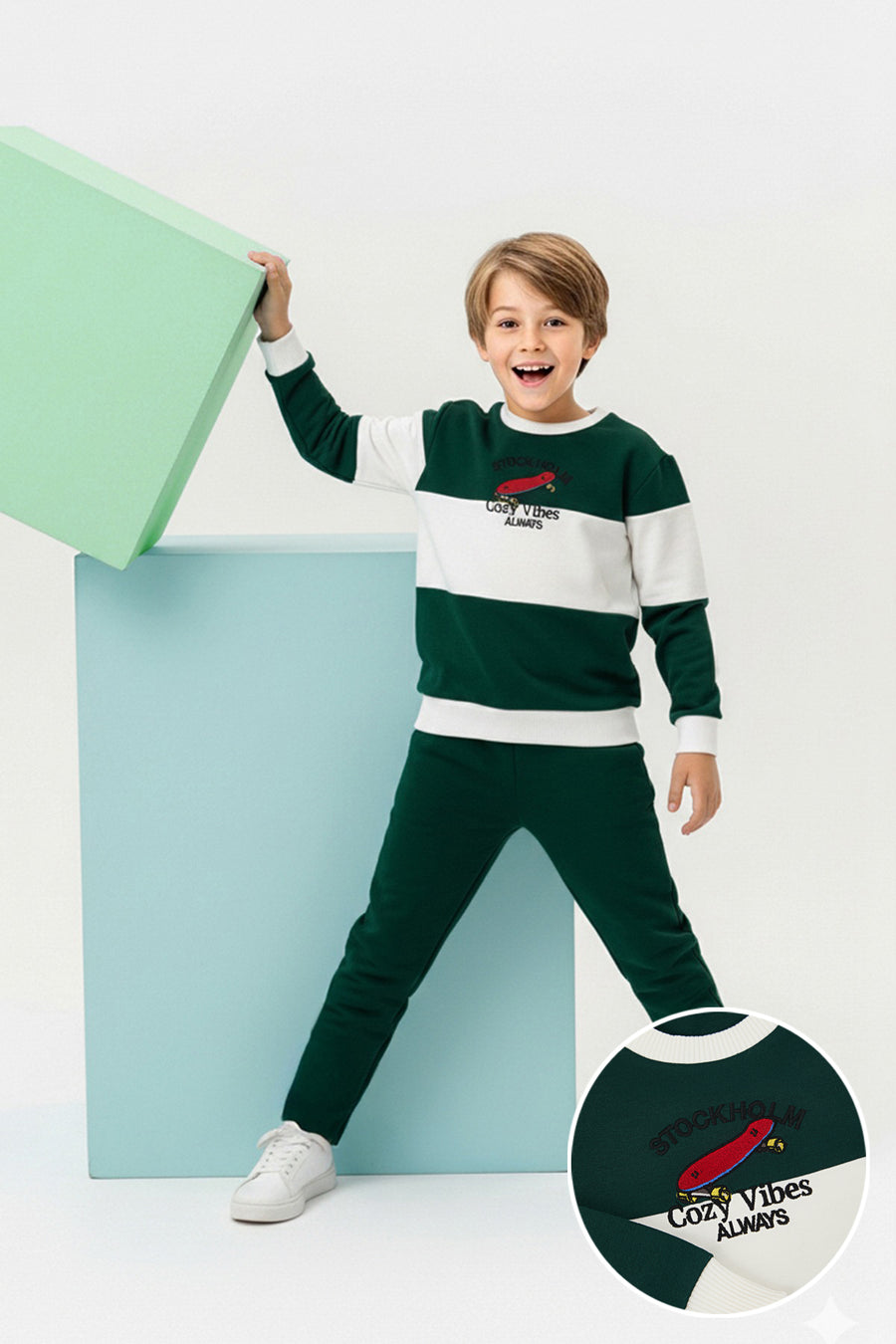 Boys' Green Embroidered Lightweight Sweatshirt & Jogger Set