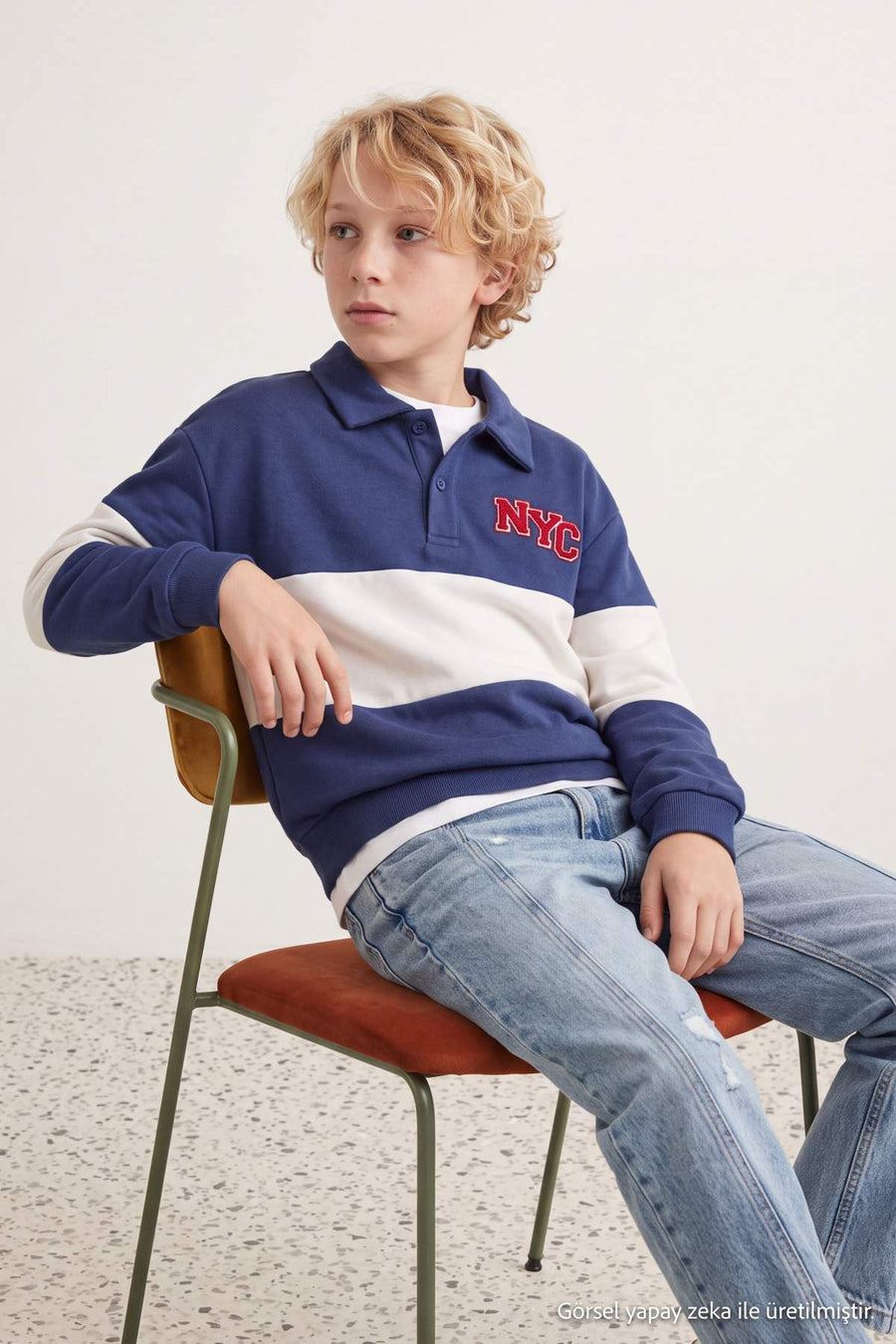 Boys' Indigo Colour-Block Polo Sweatshirt