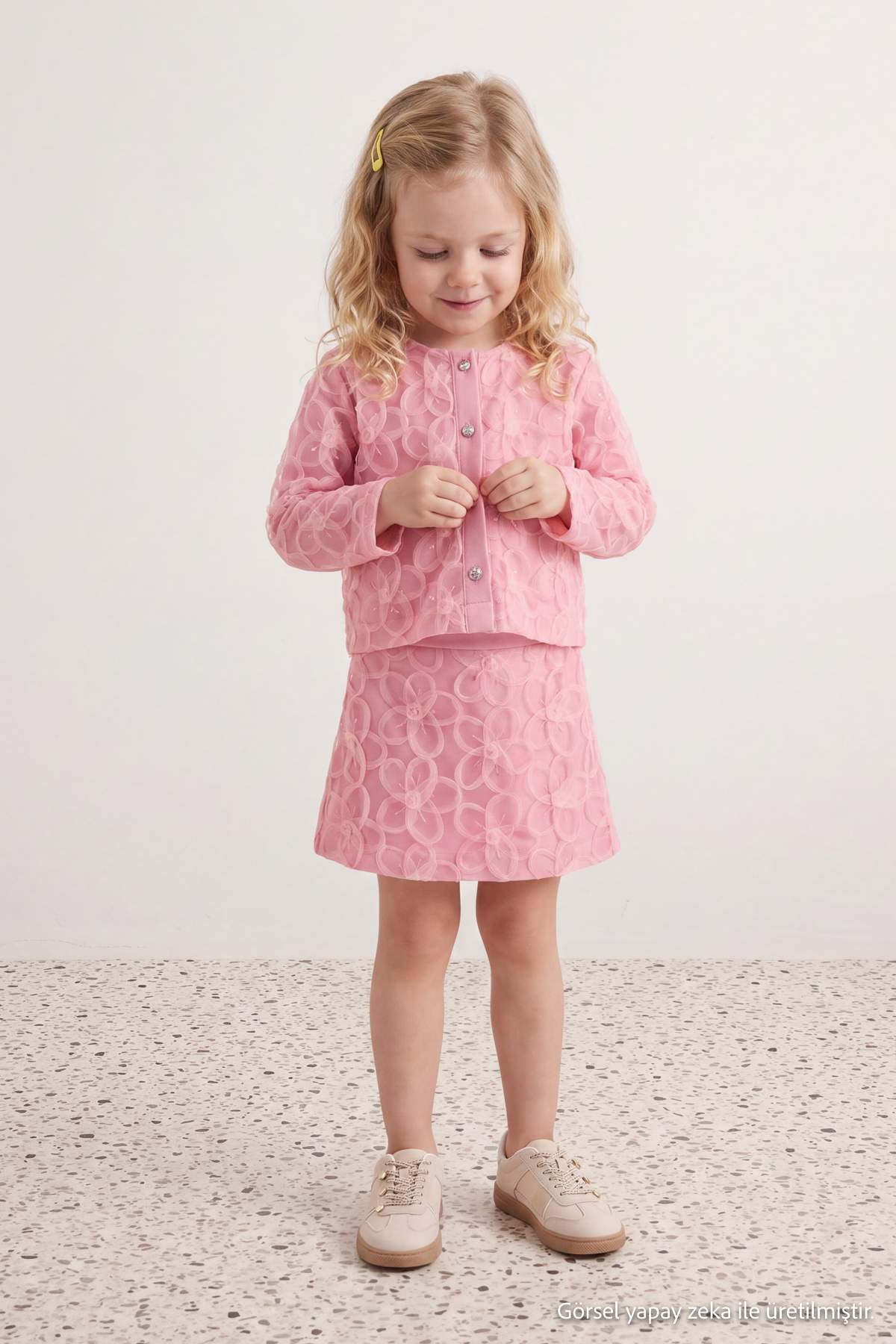 Girls' Pink Cotton Tulle-Detail Jacket & Skirt Set
