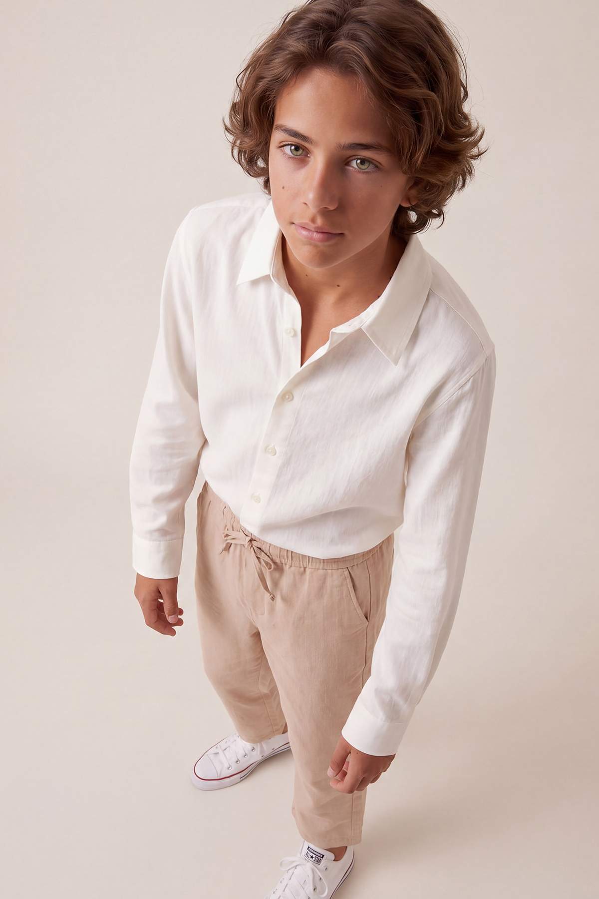 Boys' Beige Cotton Plain Trousers