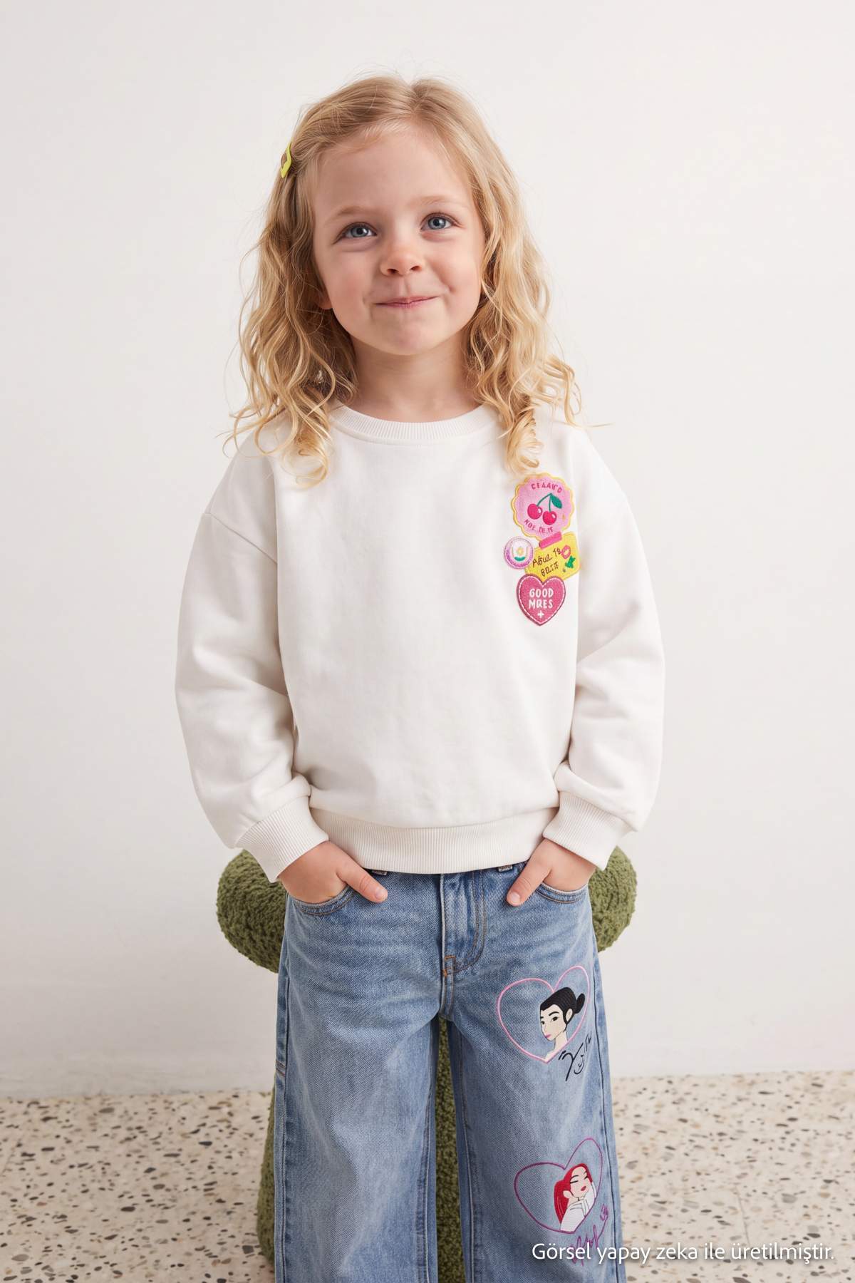 Girls' Ecru Patch-Print Fleece-Lined Sweatshirt