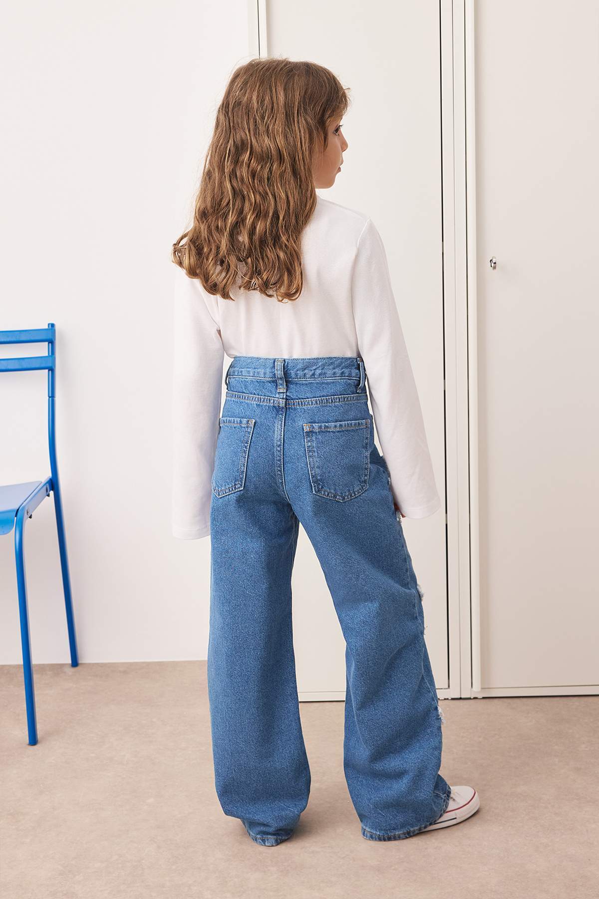 Girls' Blue Star-Print Wide-Leg Denim Trousers
