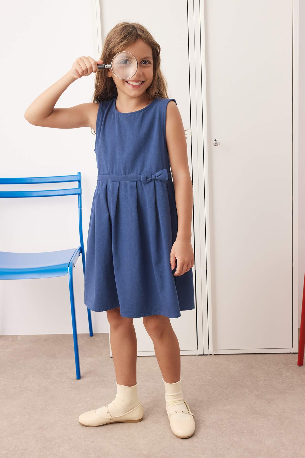 Girls' Navy Cotton A-Line School Dress