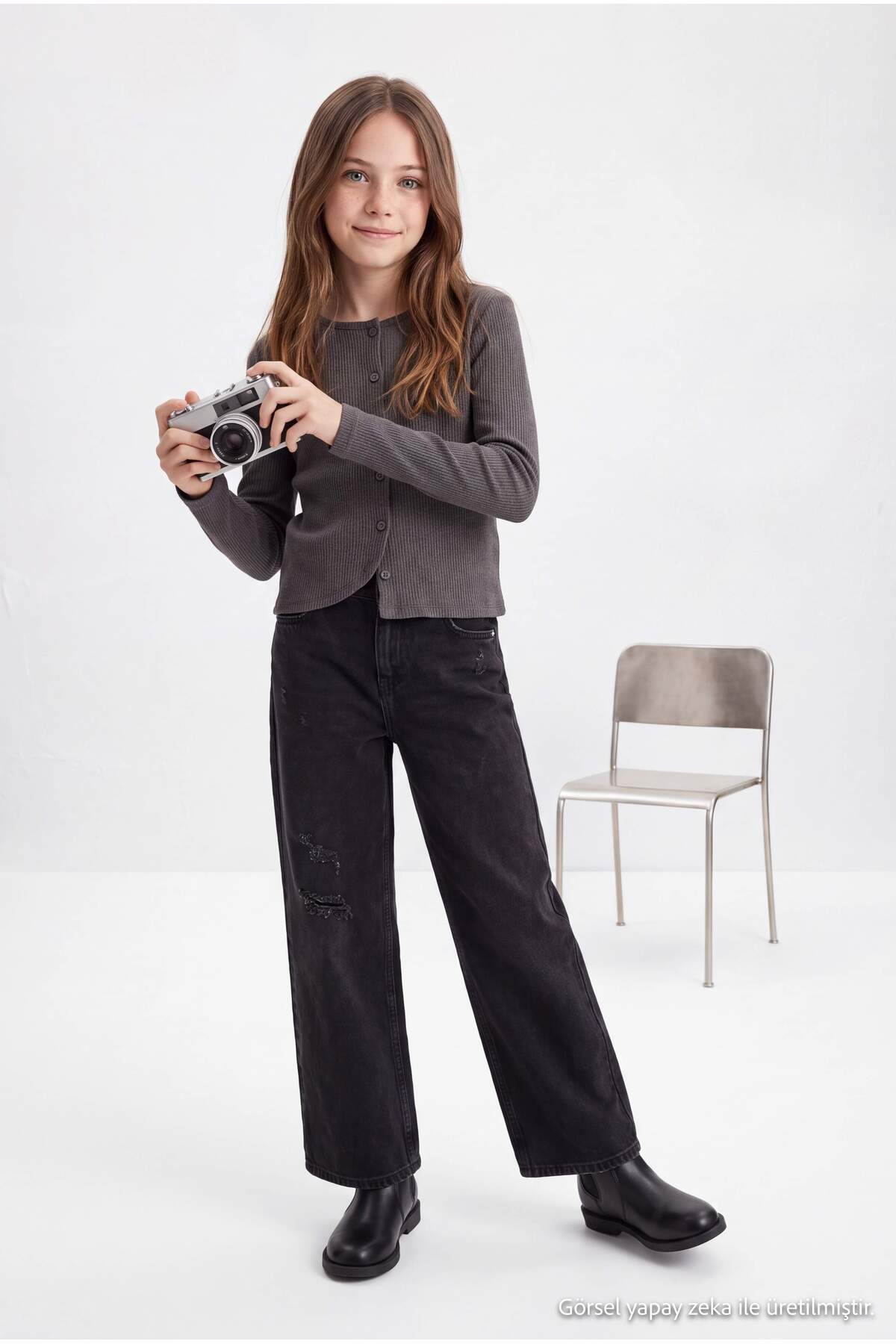 Girls' Anthracite Ribbed Stretch Button-Front Top