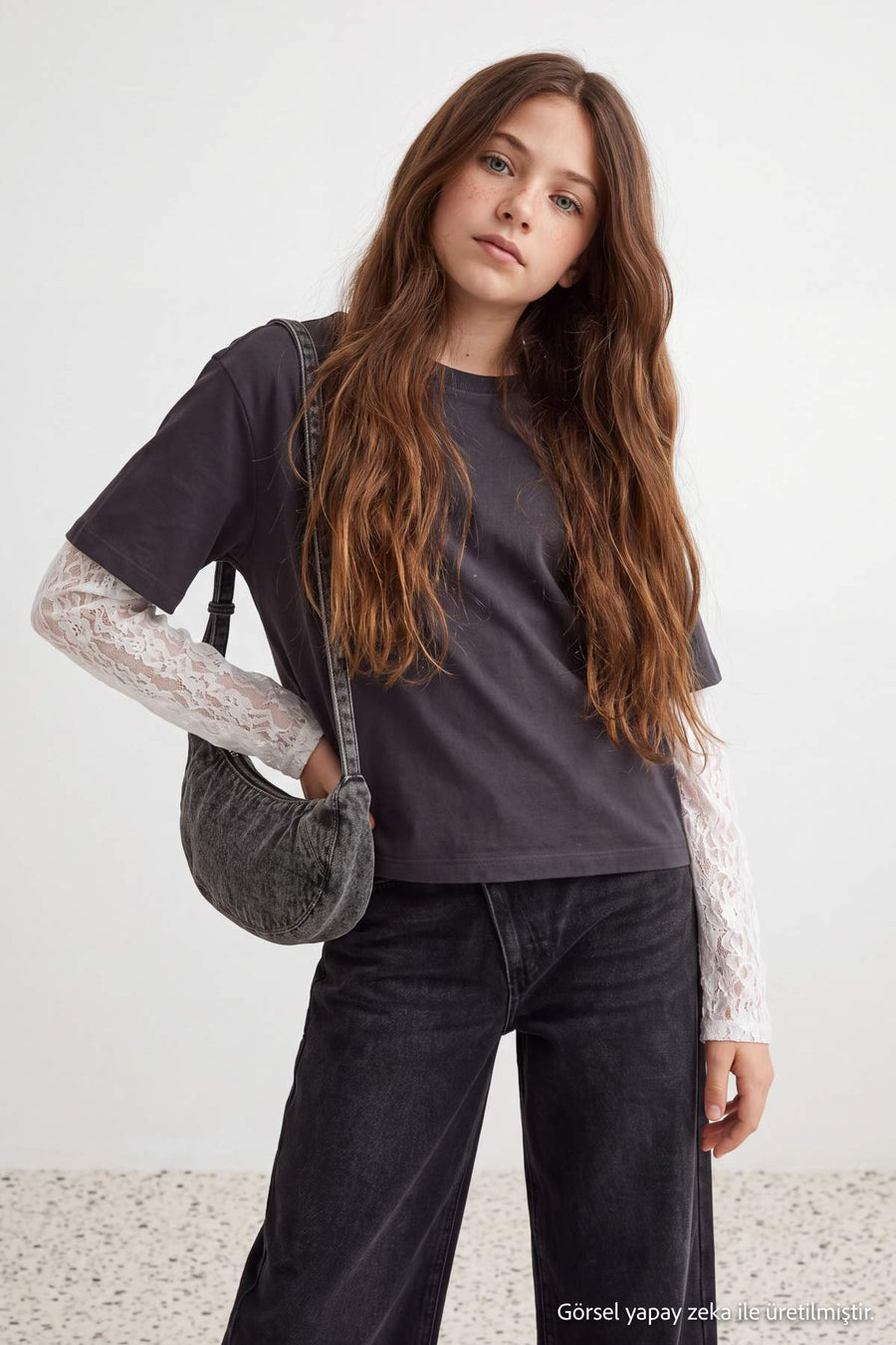 Girls' Charcoal Printed T-Shirt with Lace Sleeves