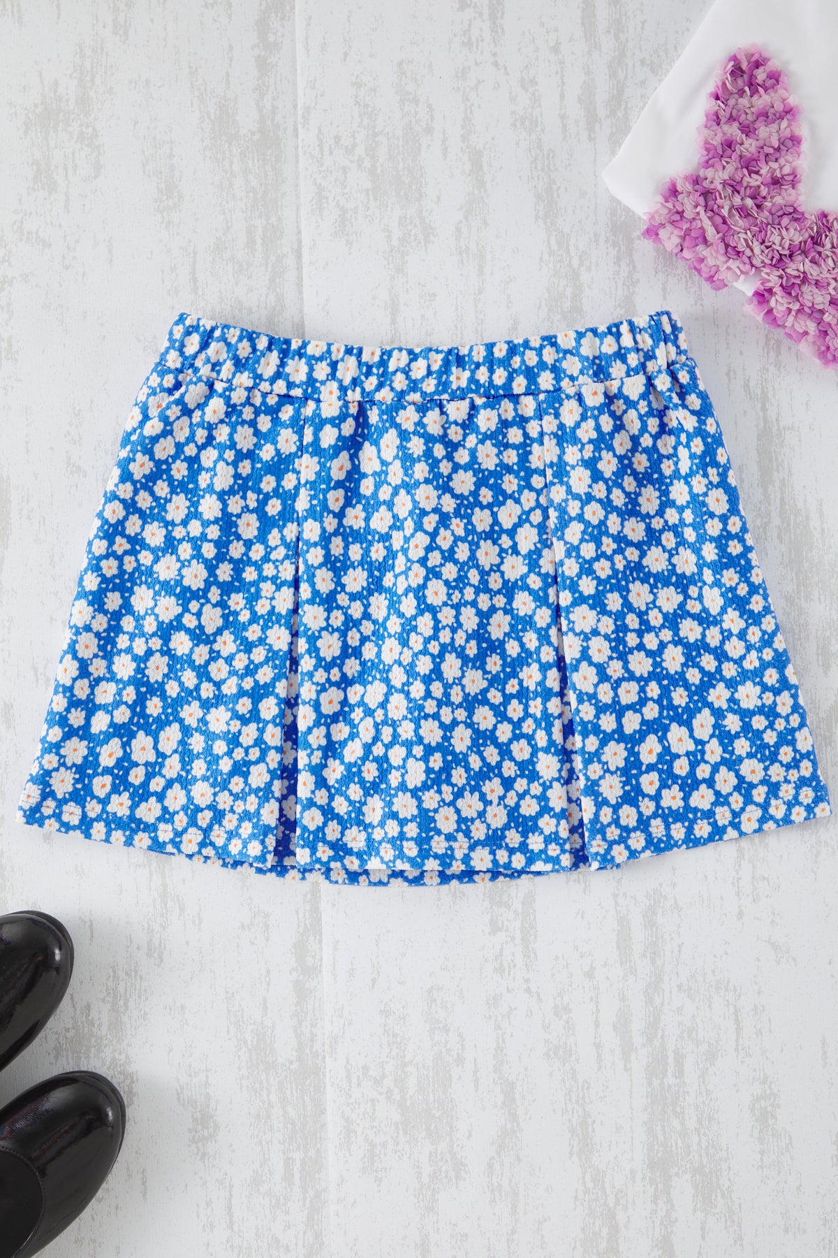 Girls' Blue Floral Elastic-Waist Mini Skort