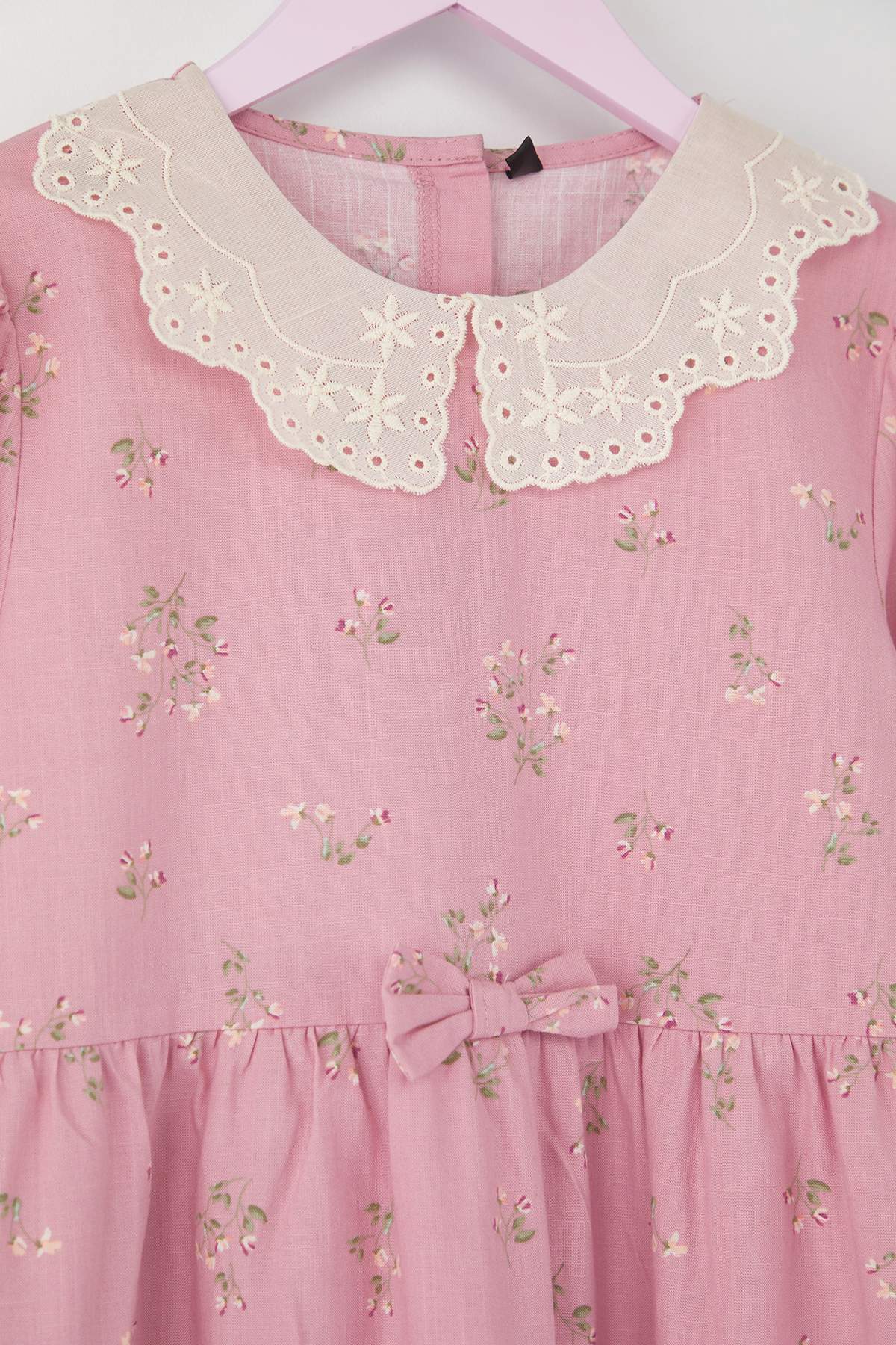Girls' Dusty Rose Cotton Peter Pan Collar Midi Dress
