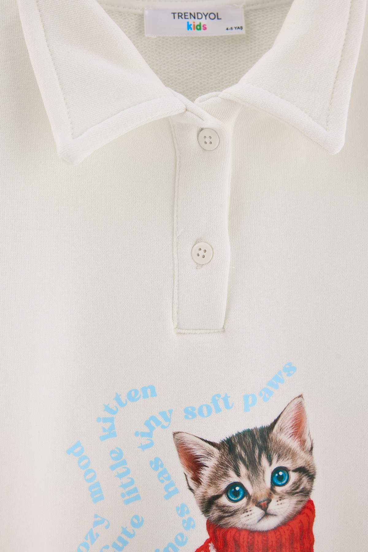 Girls' Ecru Cat-Print Polo-Collar Sweatshirt