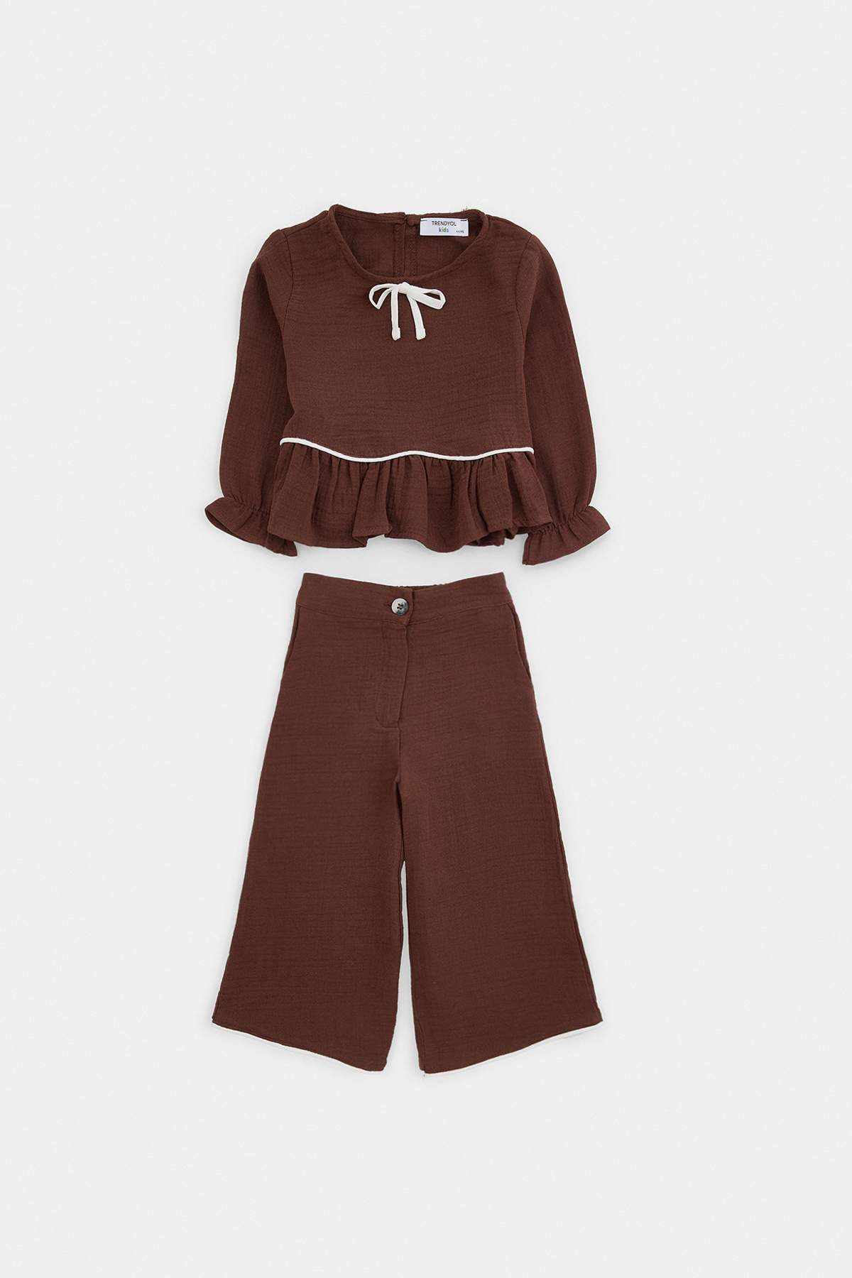 Girls' Burgundy Cotton Muslin Bow Shirt & Trousers Set