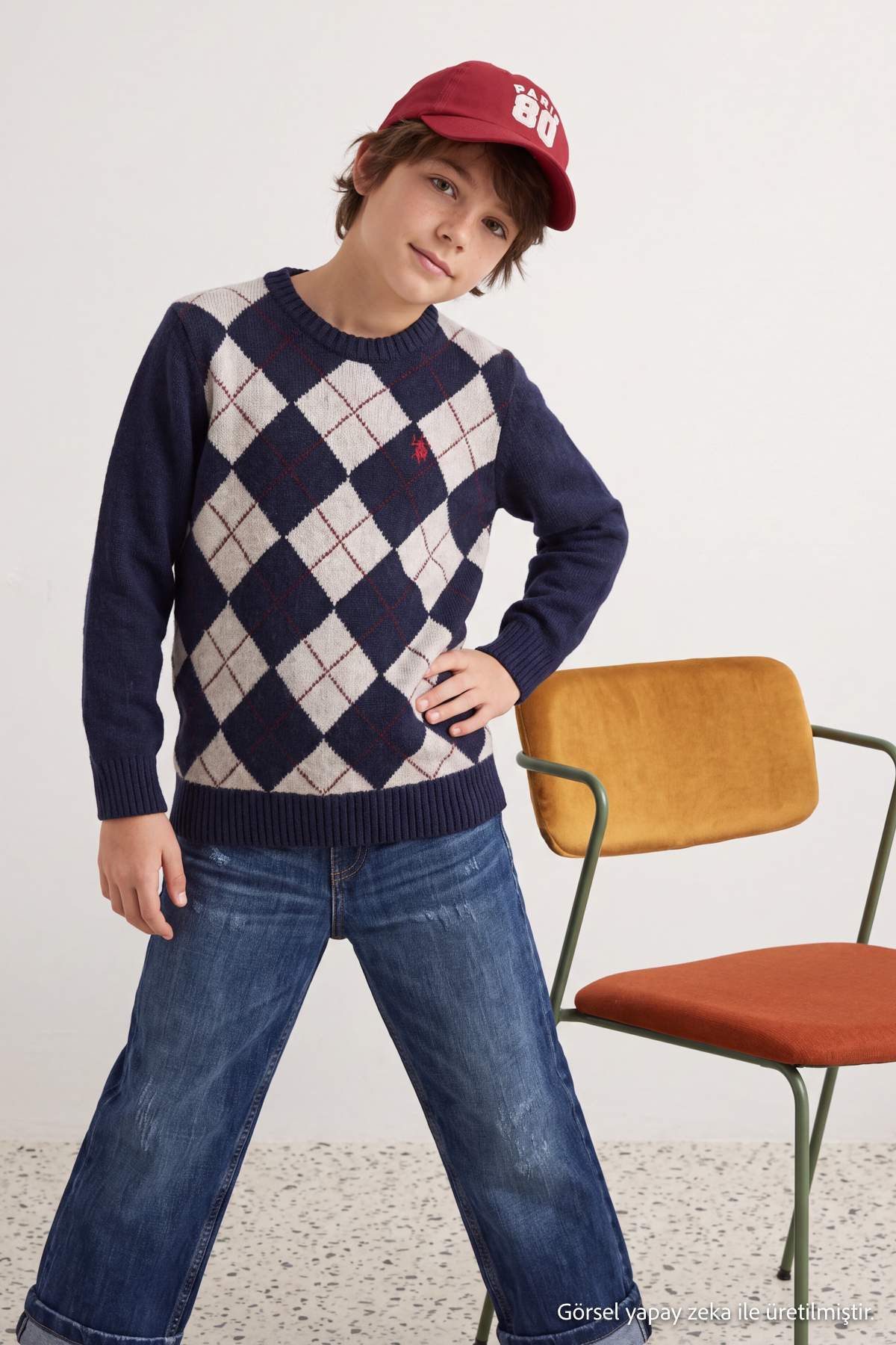 Boys' Navy Argyle Crew-Neck Knit Jumper