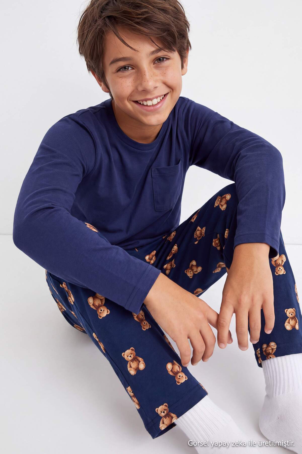 Boys' Navy Pyjama Set with Teddy-Print Trousers
