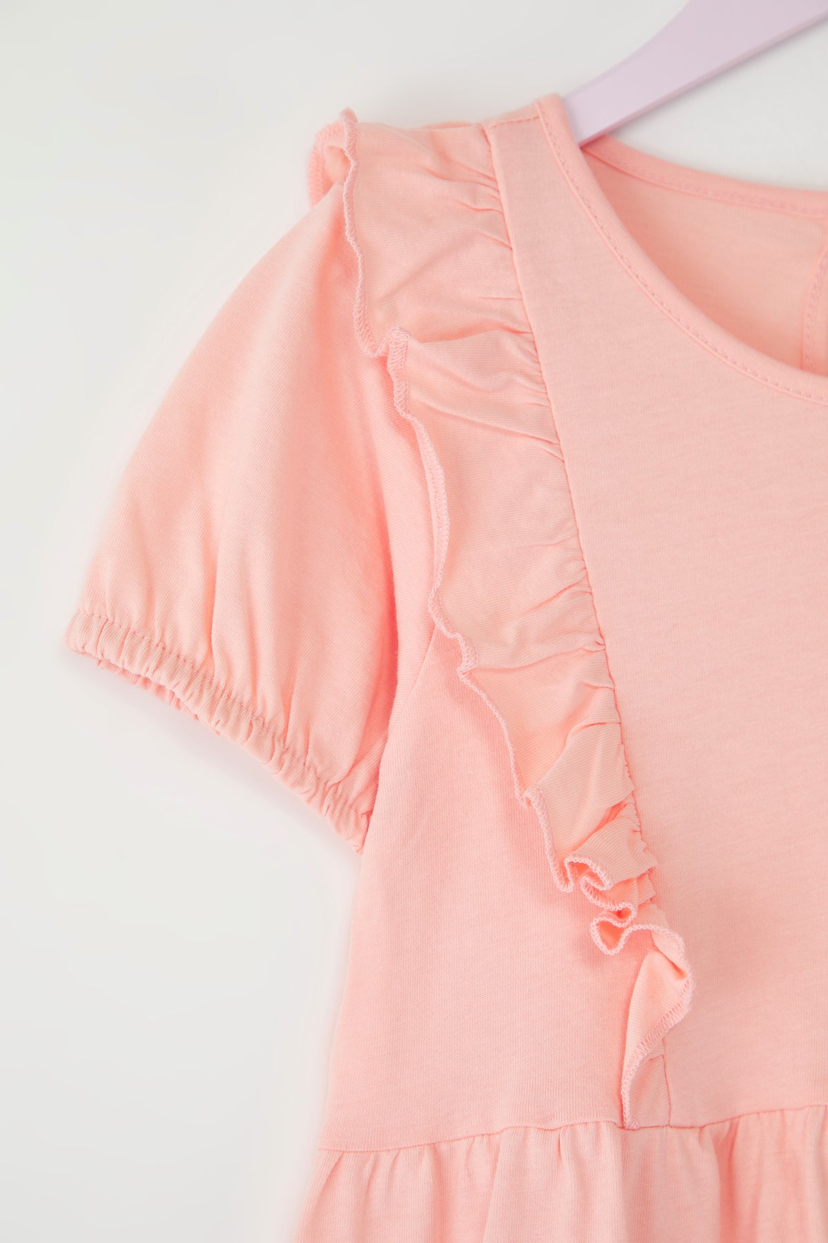 Girls' Salmon Frilled Cotton Mini Dress