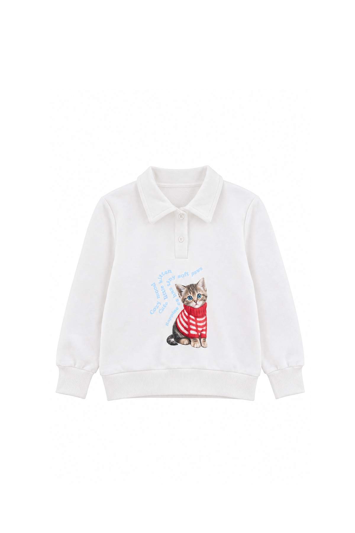 Girls' Ecru Cat-Print Polo-Collar Sweatshirt