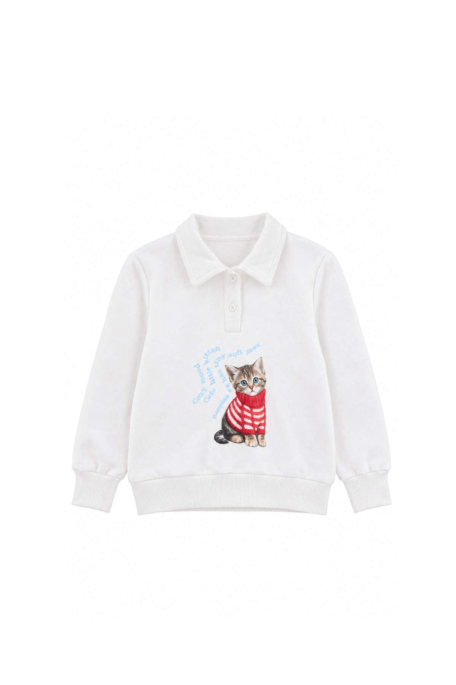 Girls' Ecru Cat-Print Polo-Collar Sweatshirt