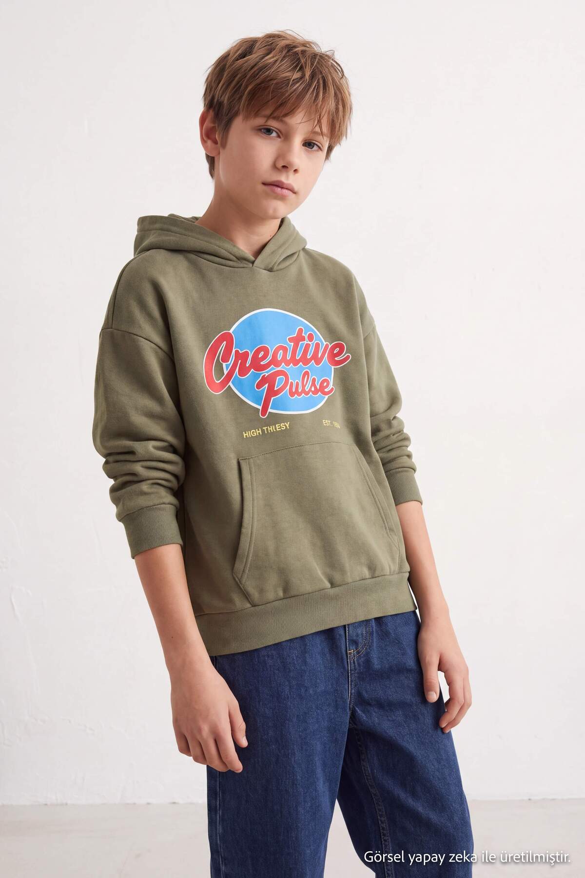 Boys' Khaki Printed Hooded Sweatshirt