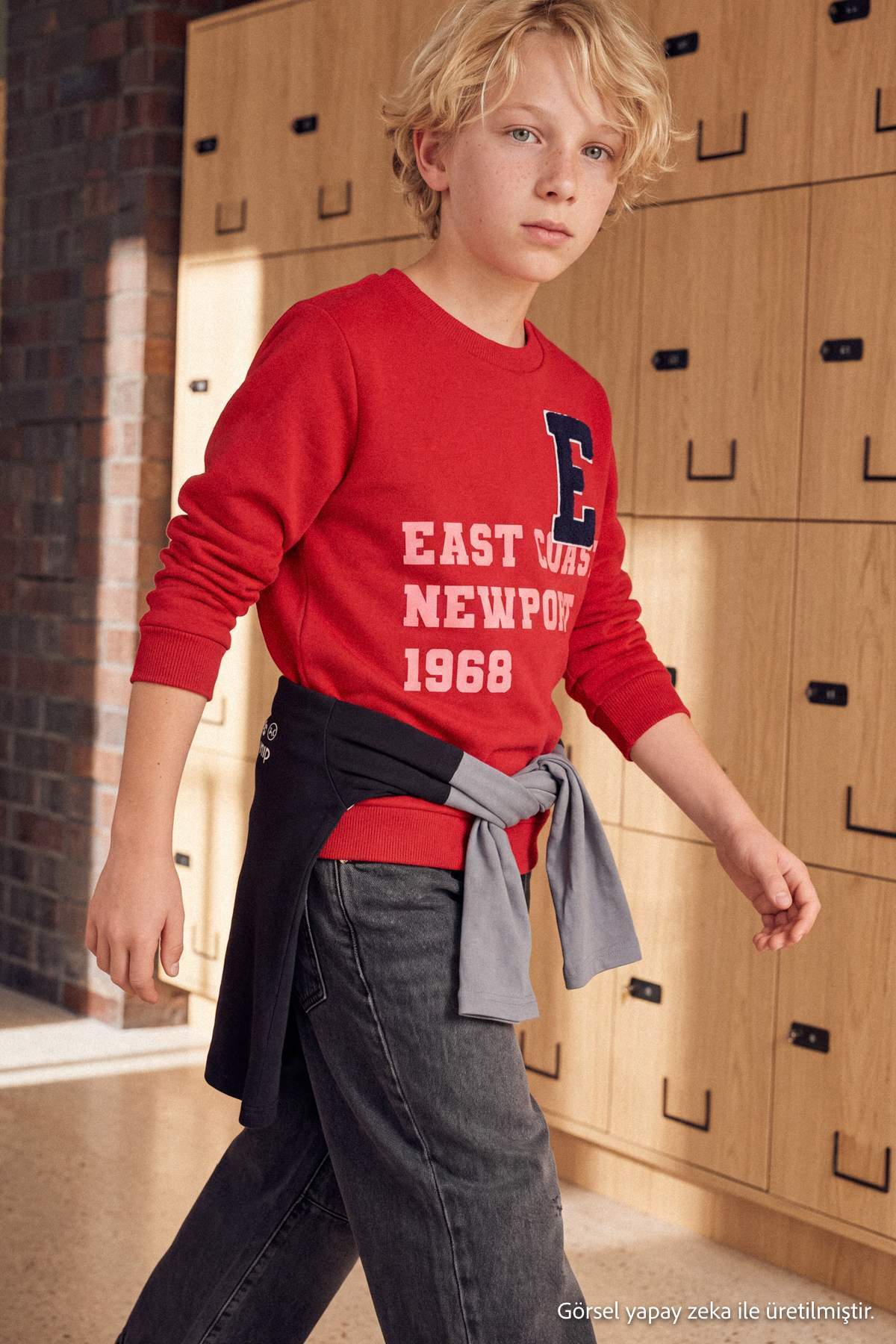 Boys' Red Embroidered Thick Cotton Sweatshirt