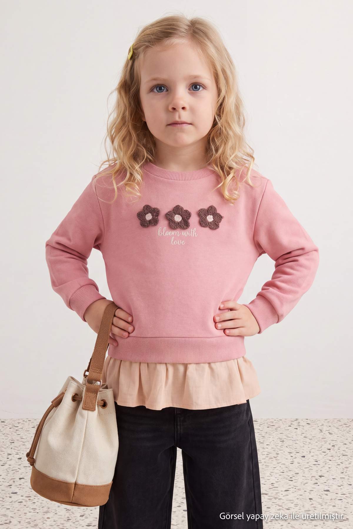 Girls' Powder Pink Embroidered Thick Sweatshirt