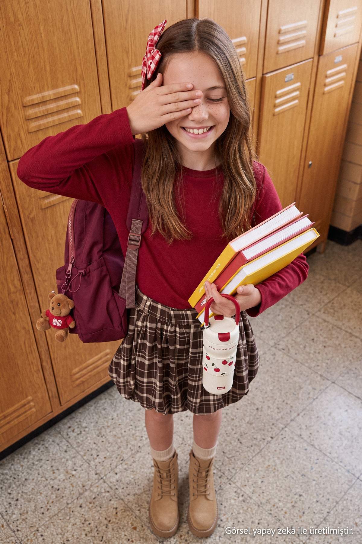Girls' Burgundy Cotton Long-Sleeve School T-Shirt
