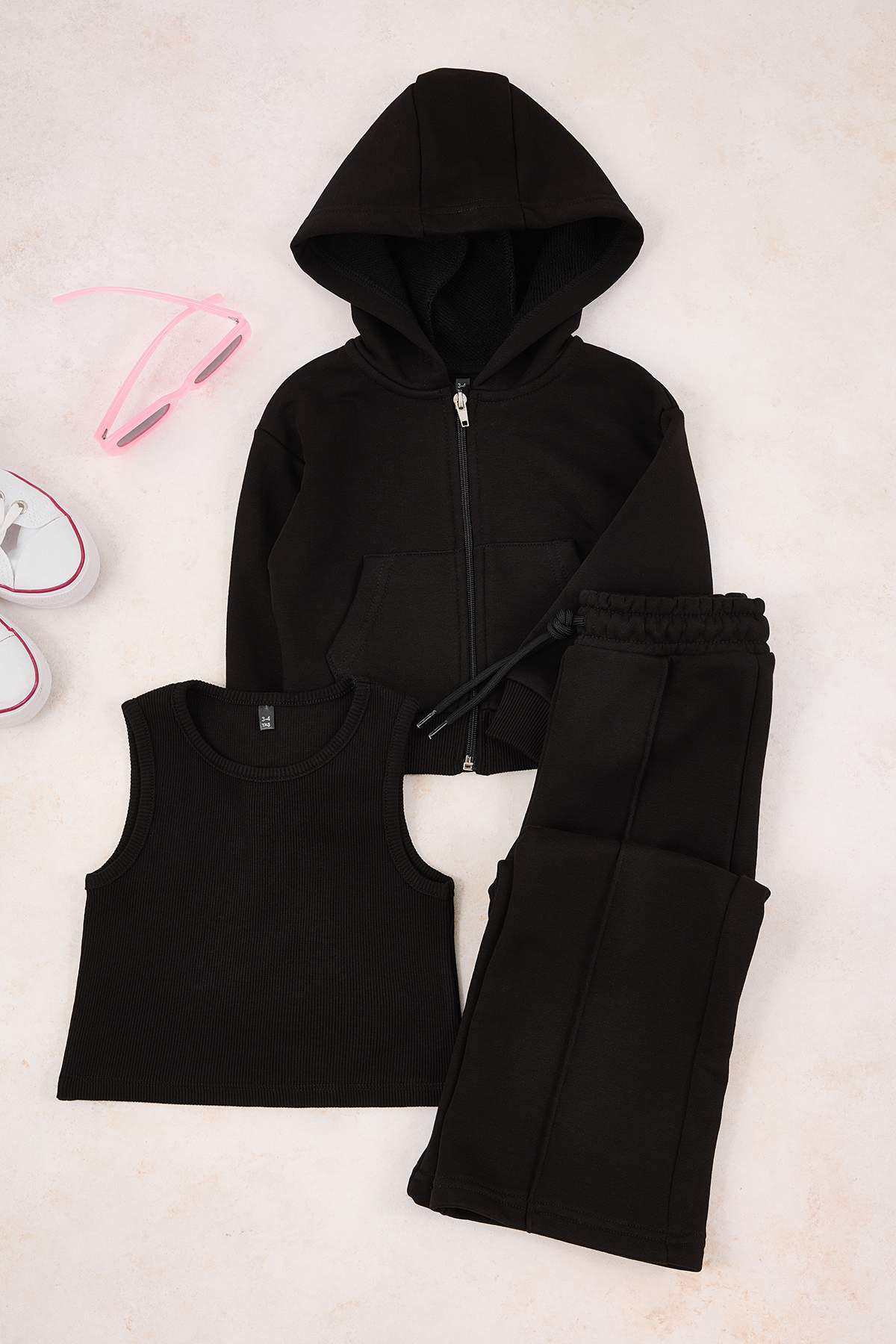 Girls' Beige 3-Piece Hooded Vest, Sweatshirt & Jogger Set