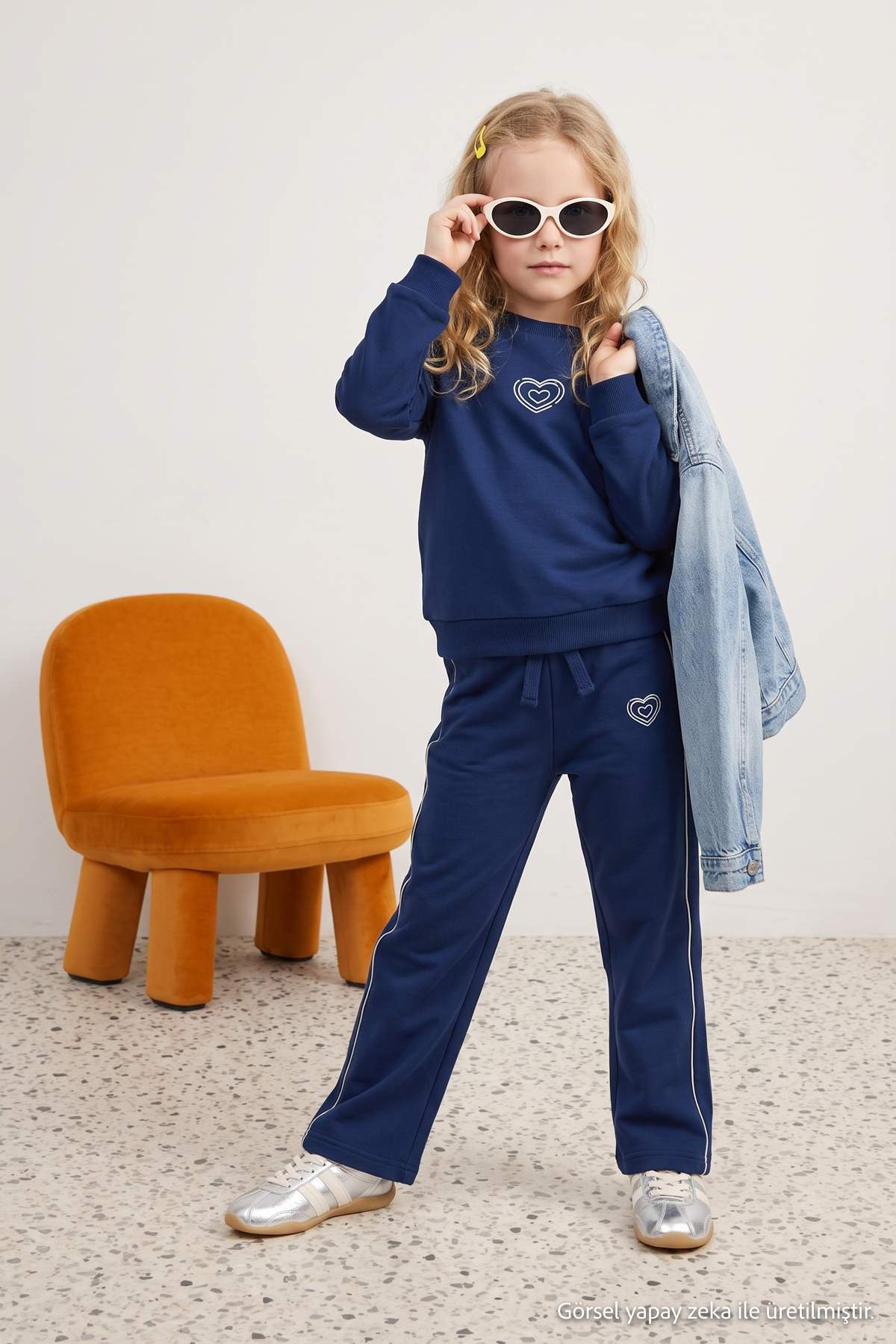 Girls' Navy Patterned Sweatshirt & Trousers Set