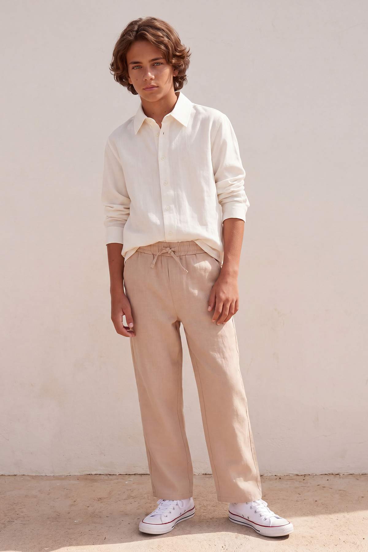 Boys' Beige Cotton Plain Trousers