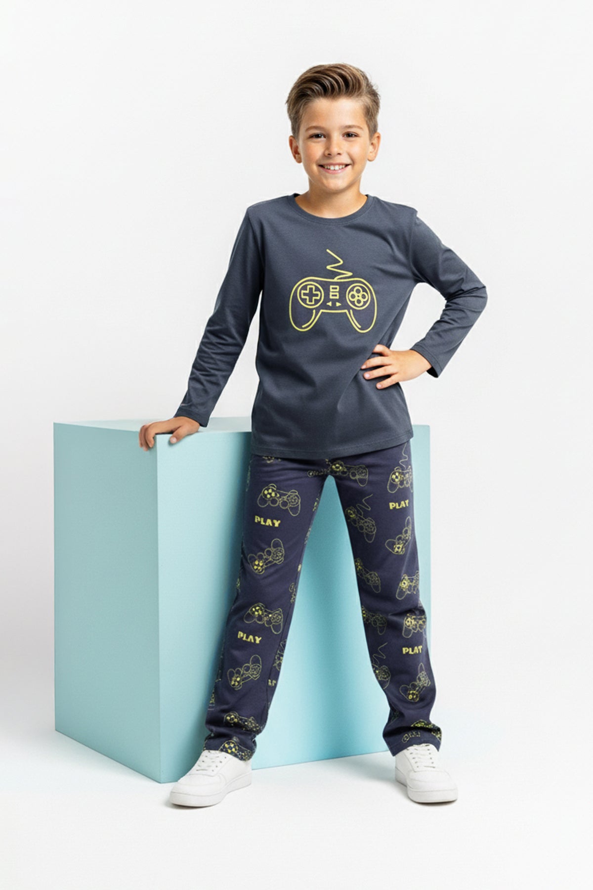 Boys' Khaki Printed Cotton Pyjama Set