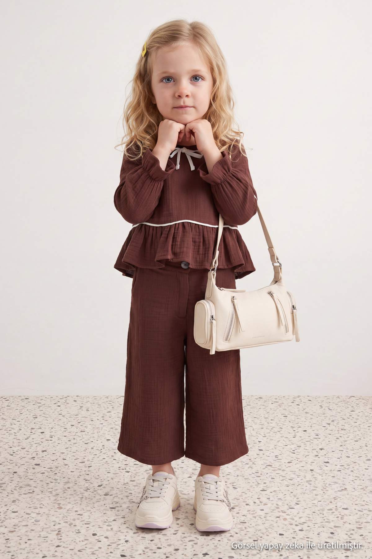 Girls' Burgundy Cotton Muslin Bow Shirt & Trousers Set