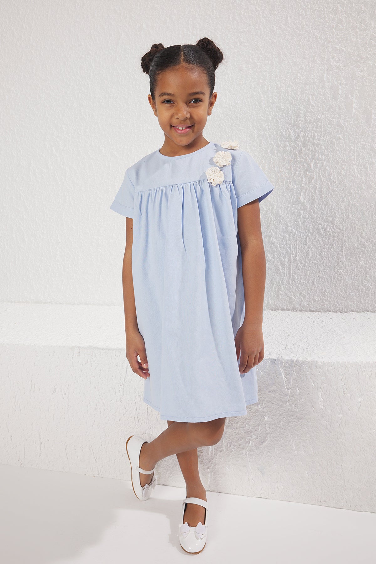 Girls' Light Blue Floral Cotton Party Dress
