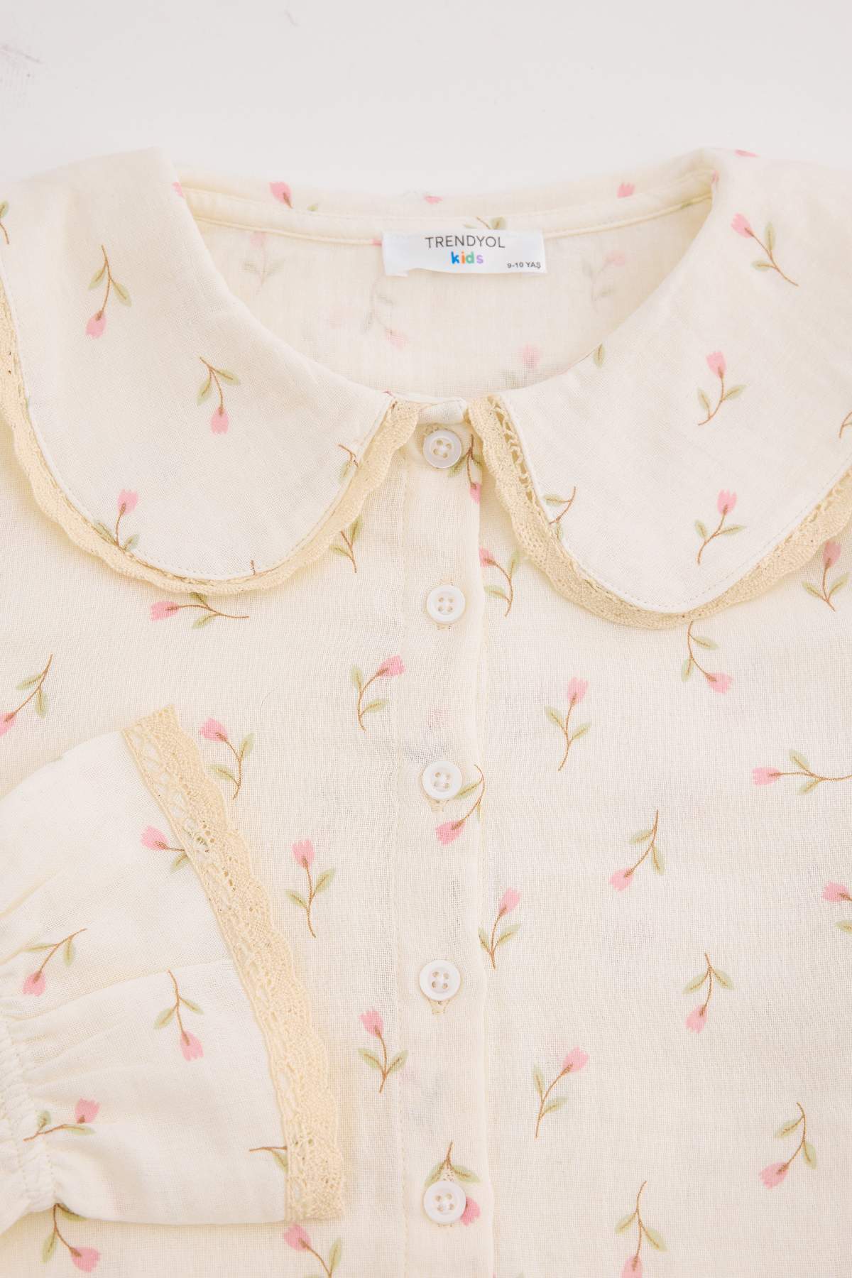 Girls' Ecru Floral Frilled-Collar Pyjama Set