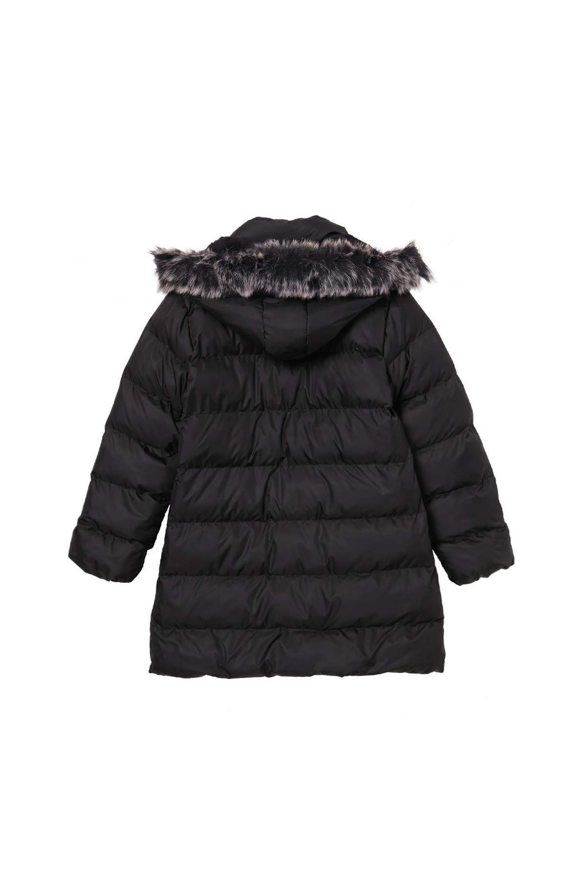 Girls' Black Long Fleece-Lined Hooded Coat