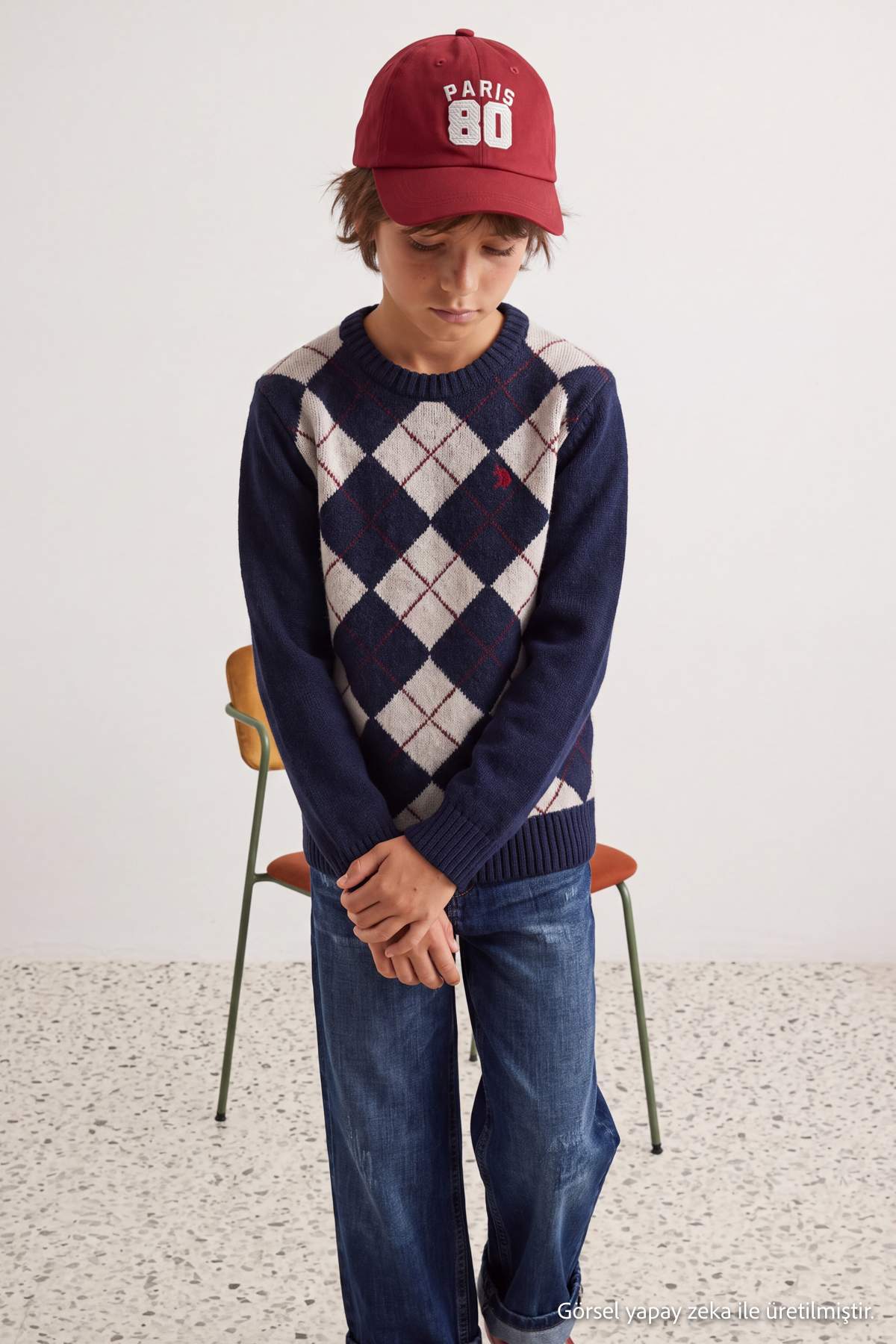 Boys' Navy Argyle Crew-Neck Knit Jumper
